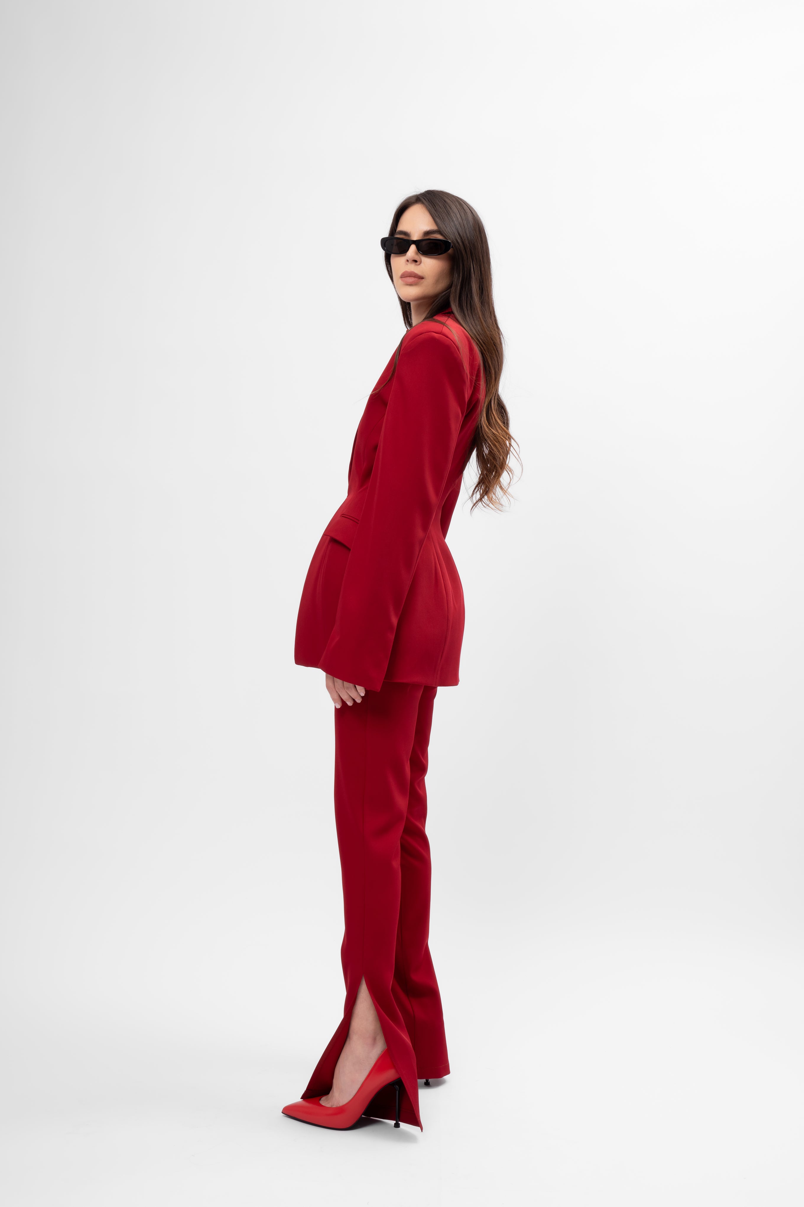 Dark red Suit with Balloon Blazer and Split-Hem Trousers