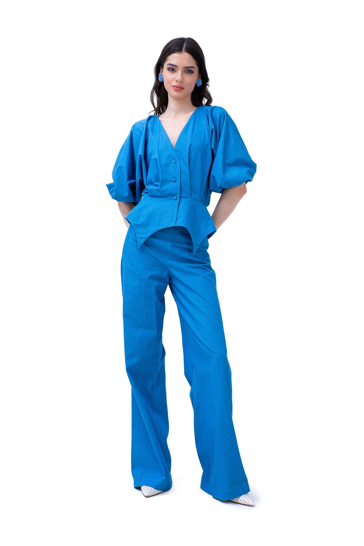 Blue Denim Set With Blouse With Puffed Sleeves And Straight Trousers