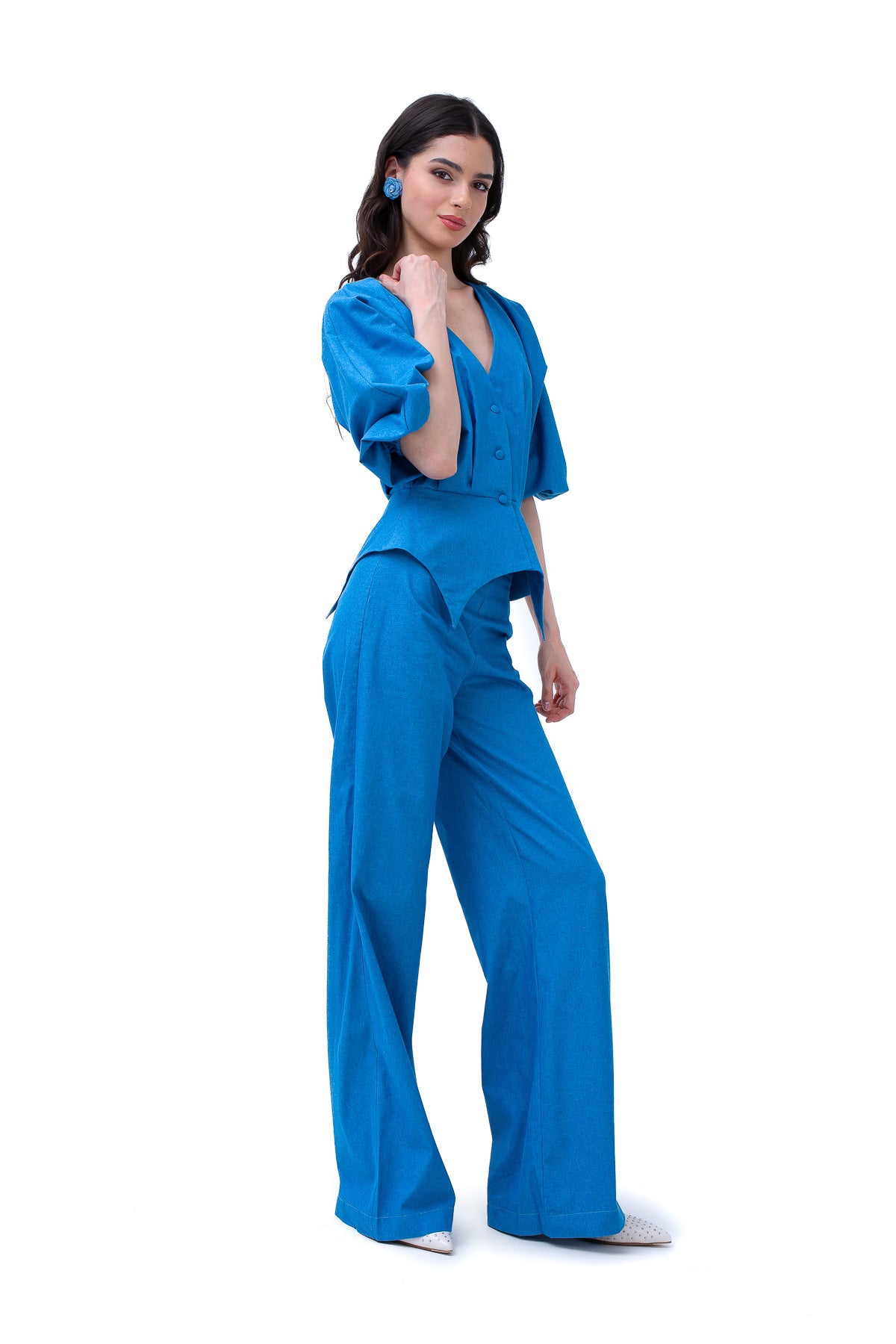 Blue Denim Set With Blouse With Puffed Sleeves And Straight Trousers