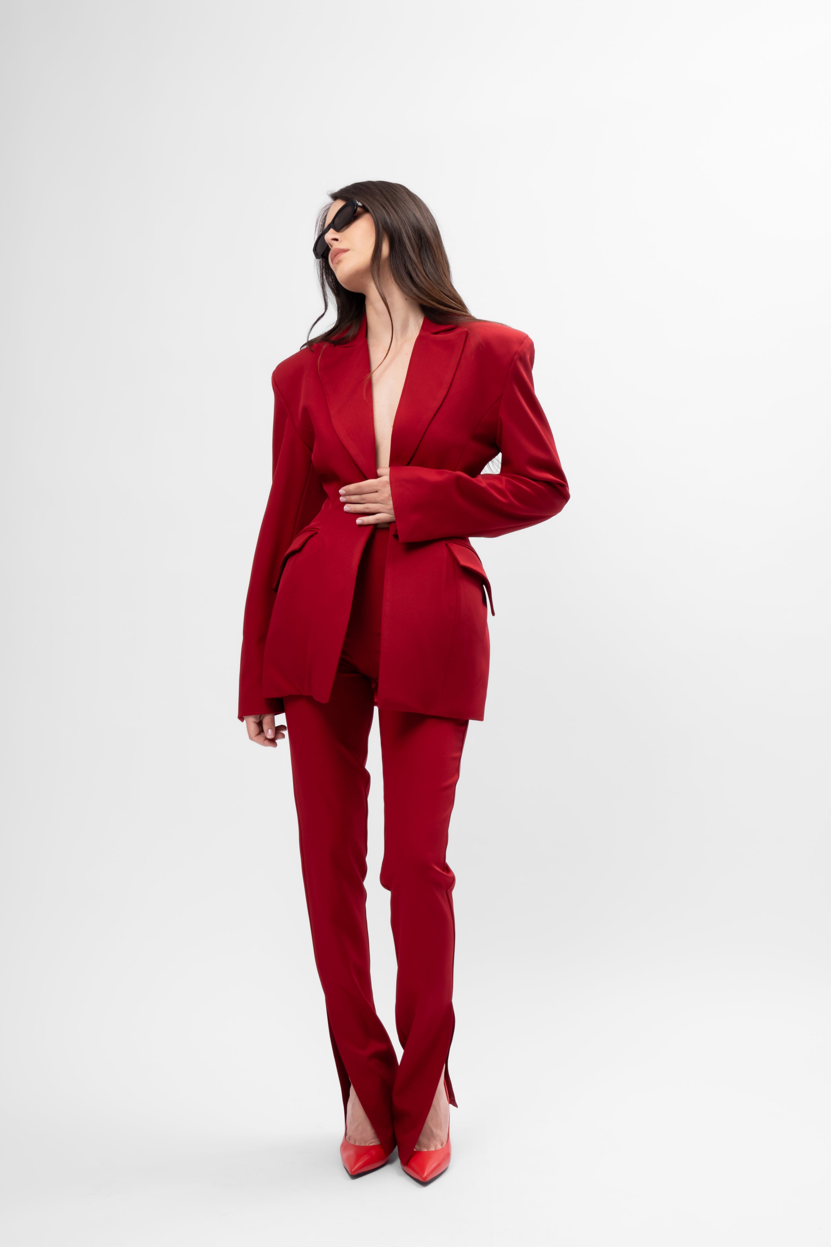 Dark red Suit with Balloon Blazer and Split-Hem Trousers