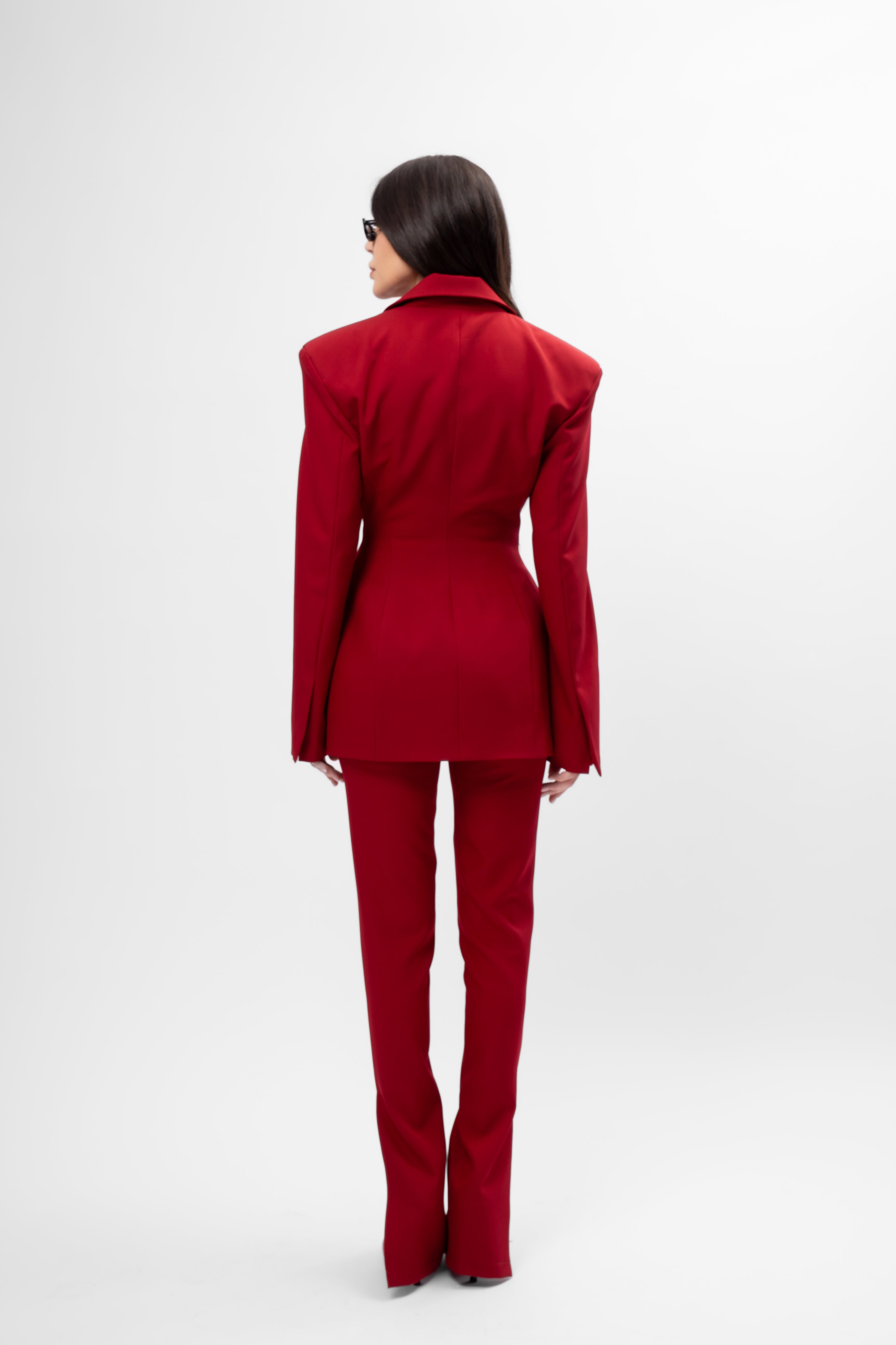 Dark red Suit with Balloon Blazer and Split-Hem Trousers