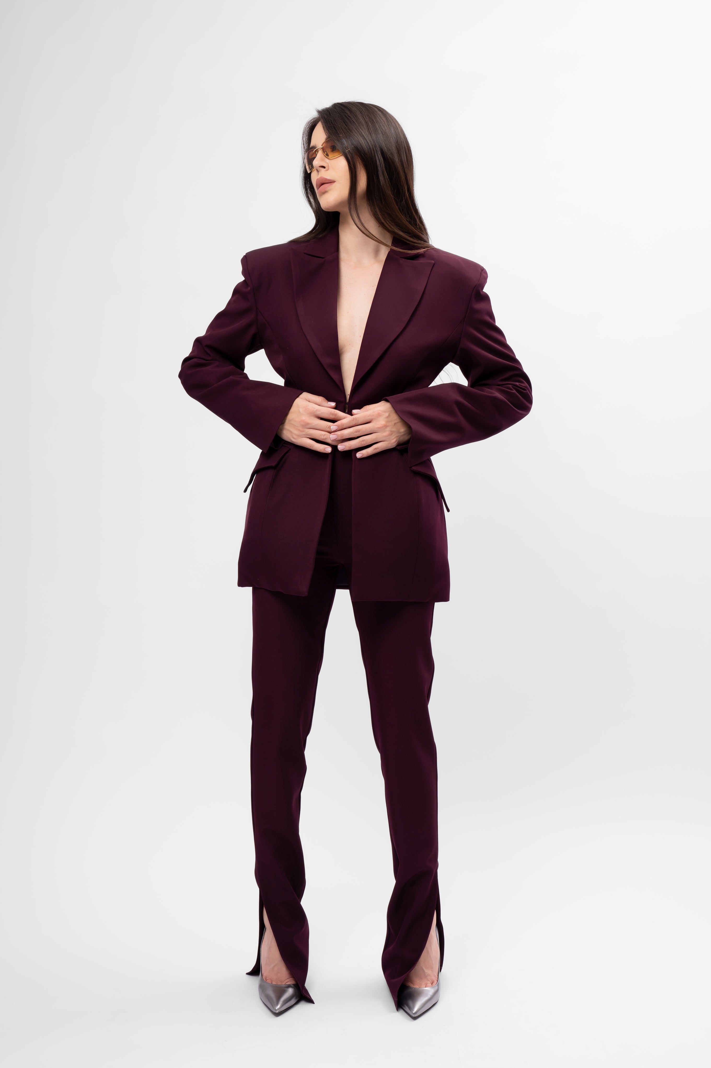 Plum-purple Suit with Balloon Blazer and Split-Hem Trousers