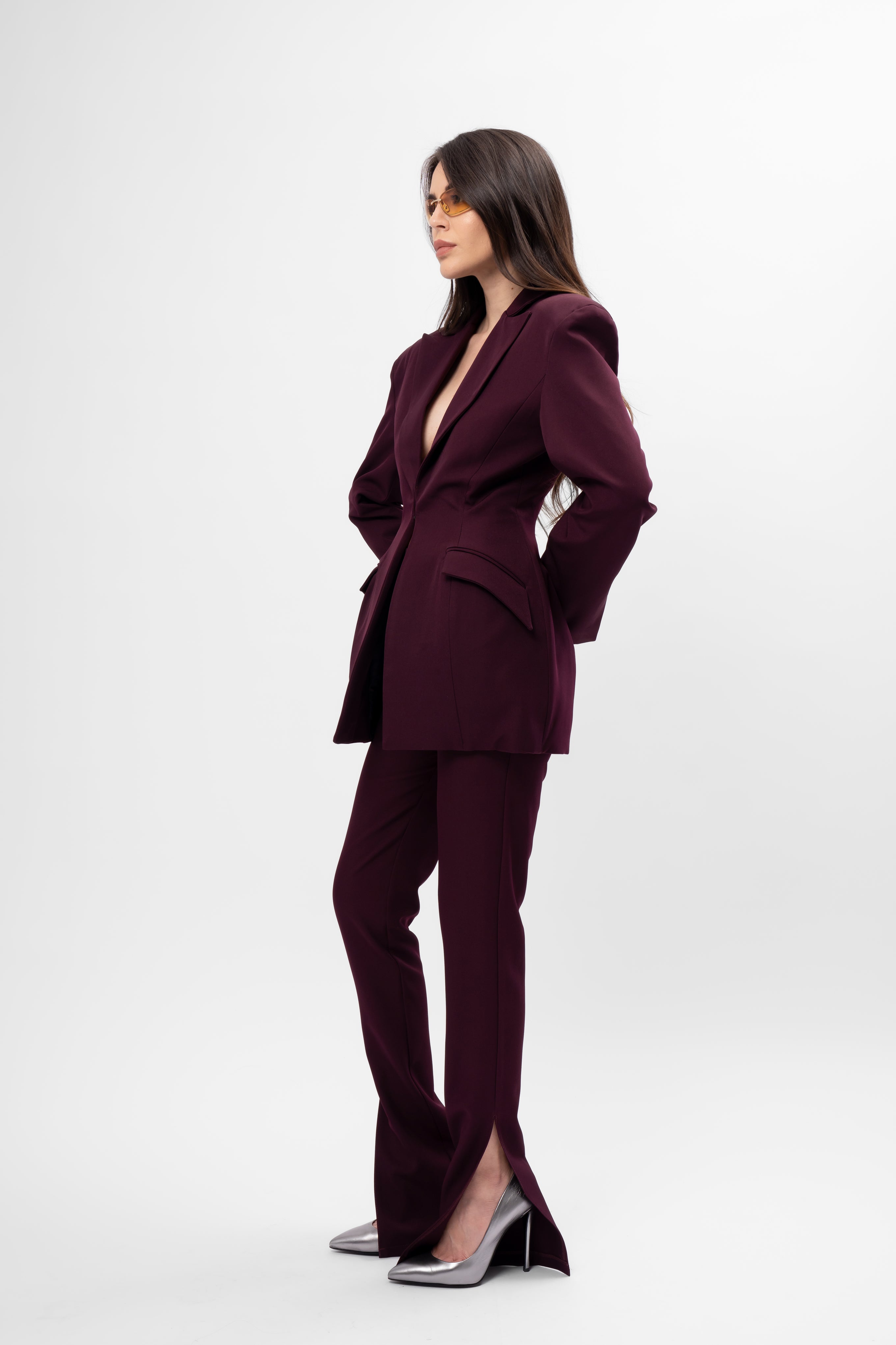 Plum-purple Suit with Balloon Blazer and Split-Hem Trousers