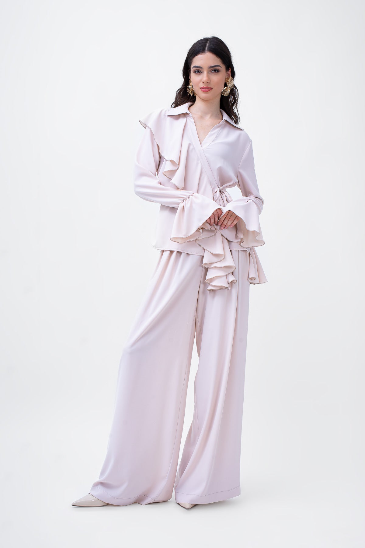 Beige Set With Ruffled Wrap Blouse And Wide Leg Trousers