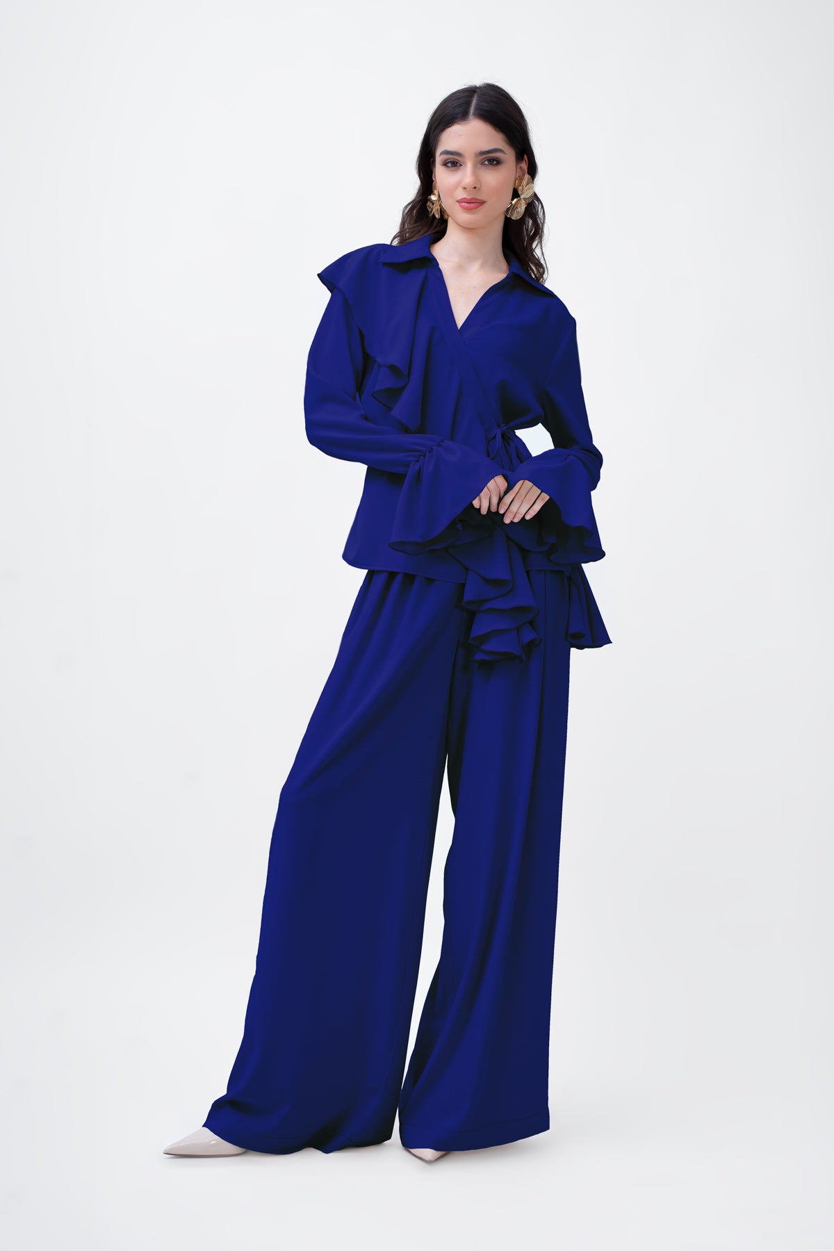 Navy Set With Ruffled Wrap Blouse And Wide Leg Trousers