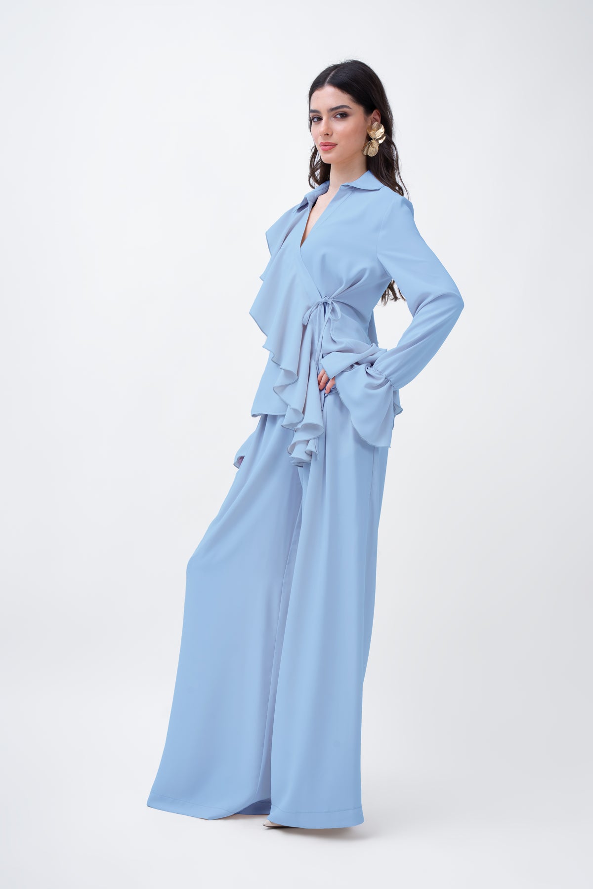 Baby Blue Set With Wrap Blouse And Wide Trousers