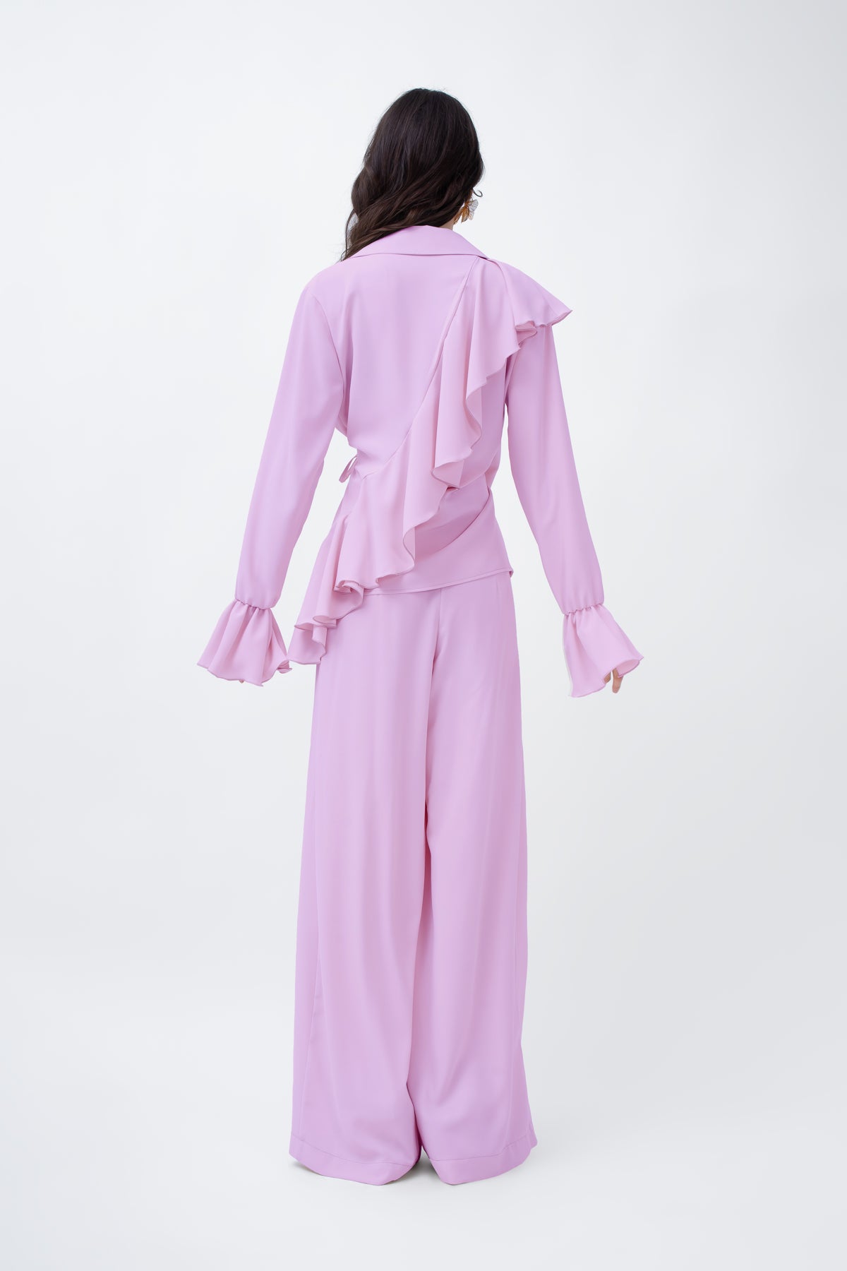 Lilac Set With Ruffled Wrap Blouse And Wide Leg Trousers