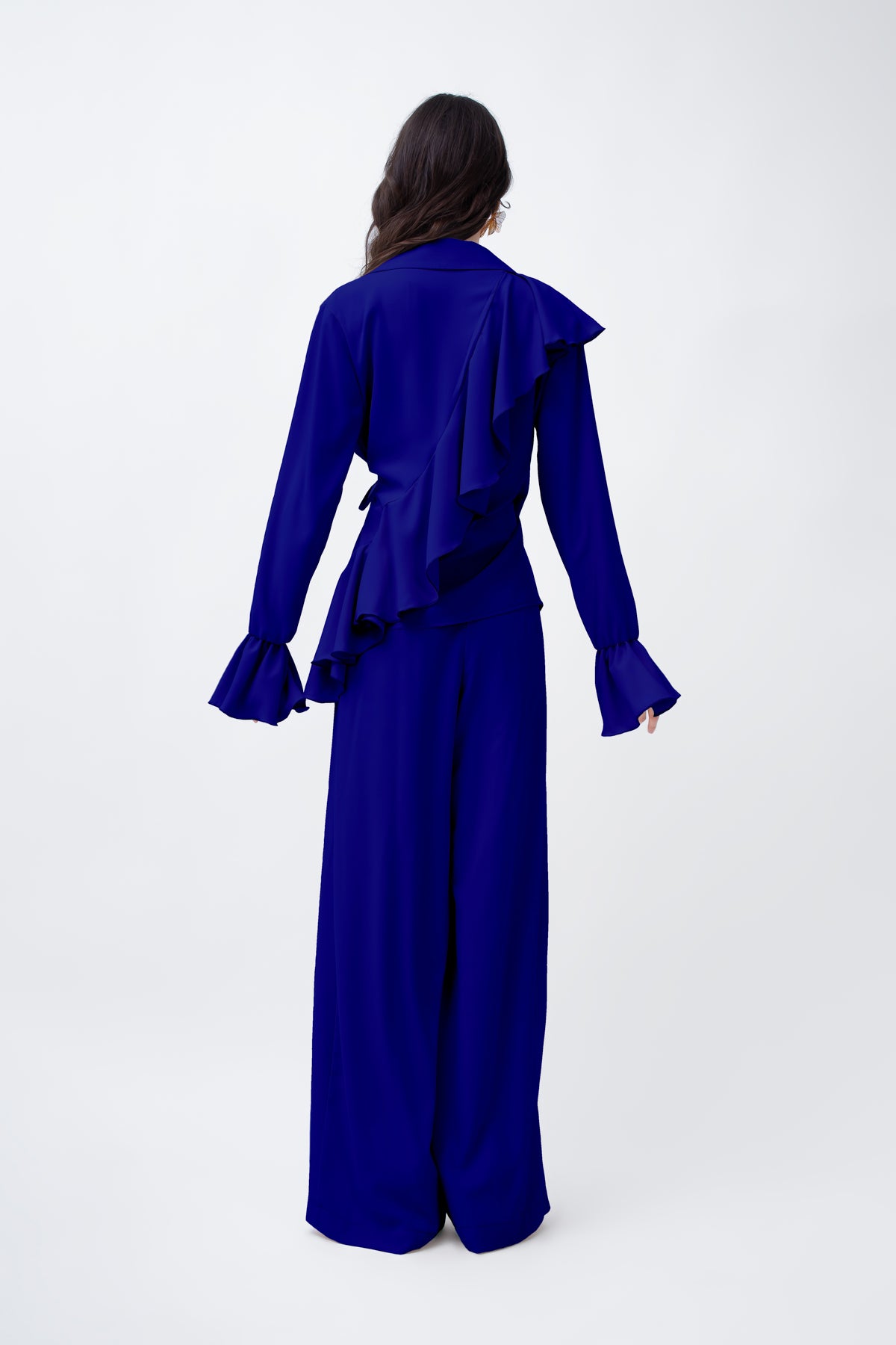 Navy Set With Ruffled Wrap Blouse And Wide Leg Trousers