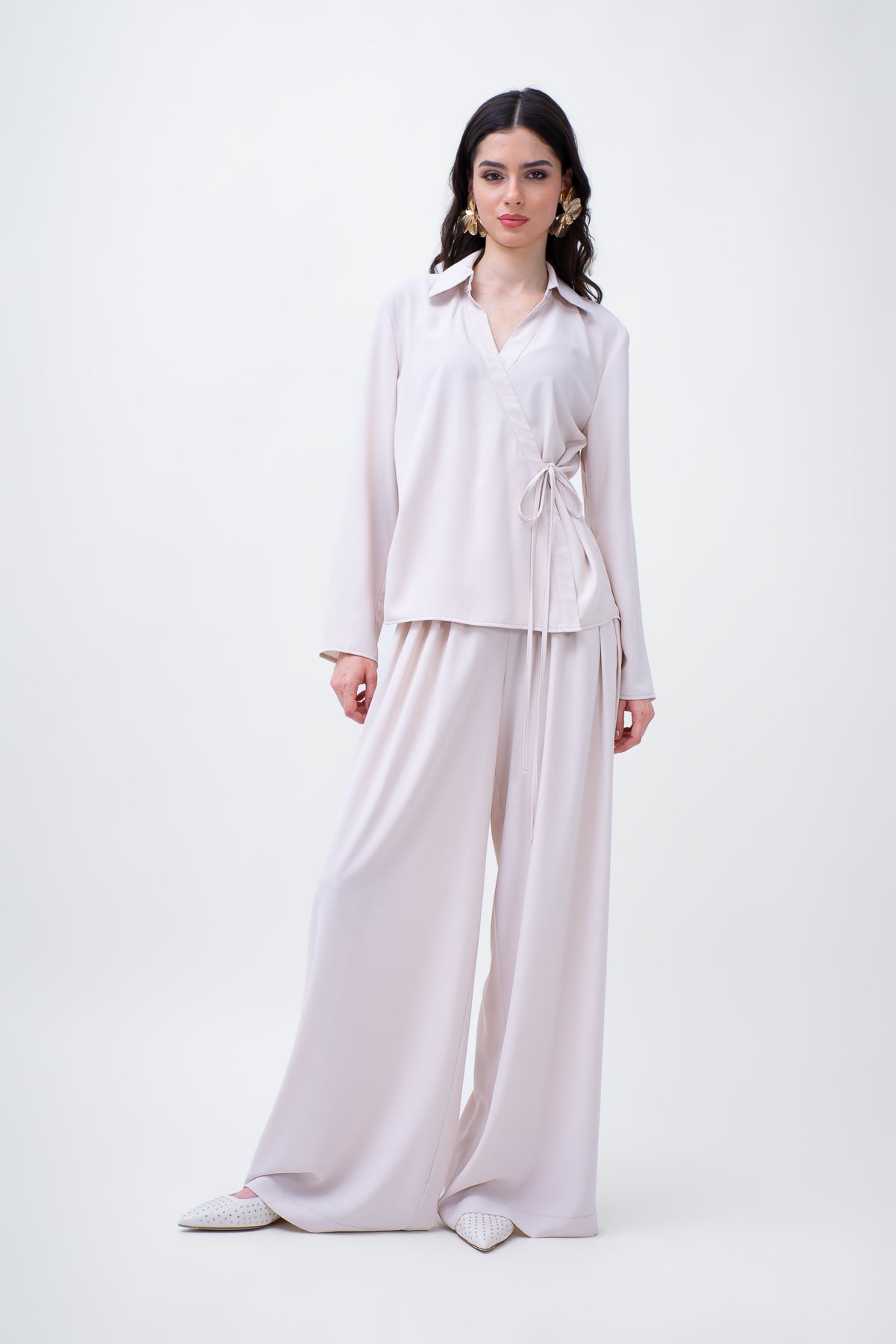 Beige Set With Wrap Blouse And Wide Trousers