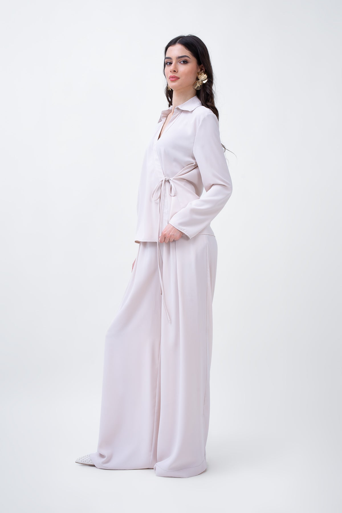 Beige Set With Wrap Blouse And Wide Trousers
