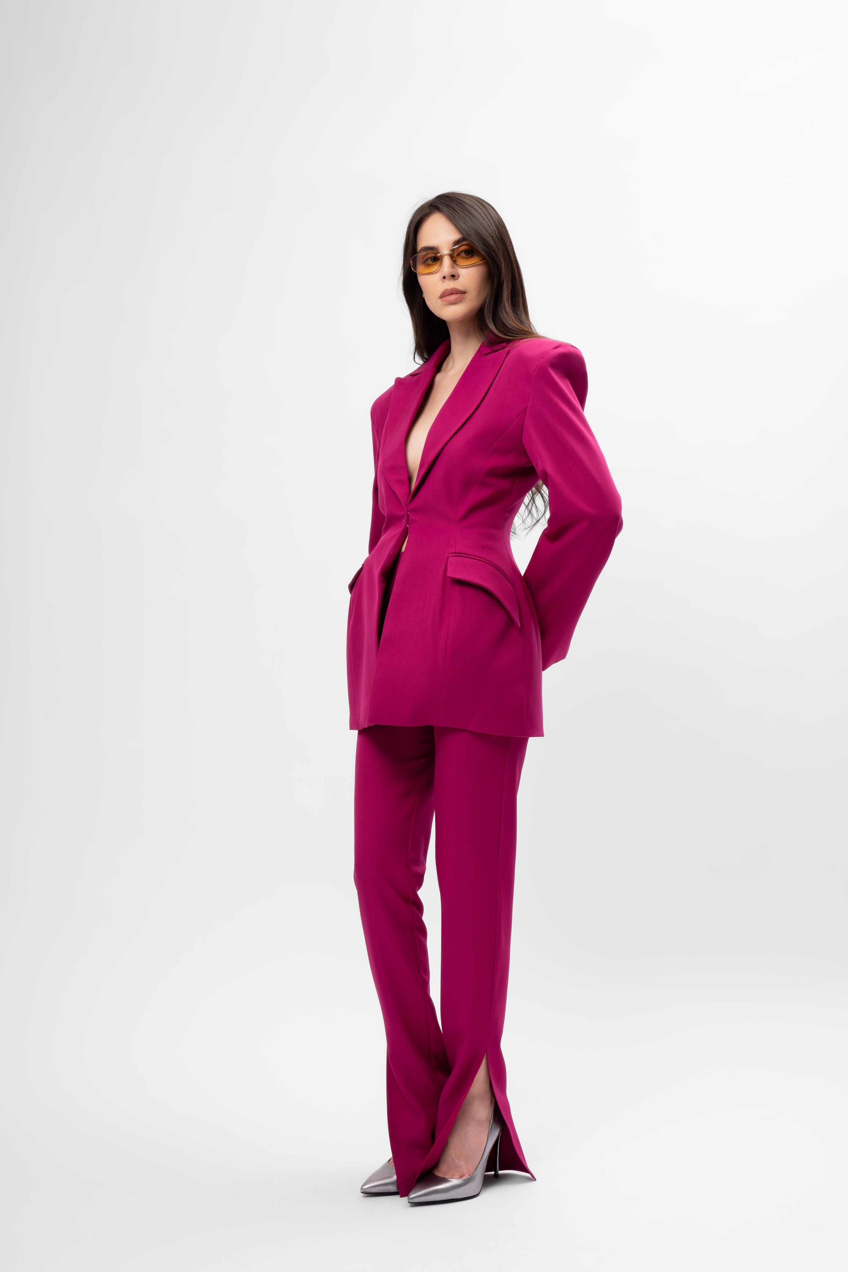 Fuchsia Suit with Balloon Blazer and Split-Hem Trousers