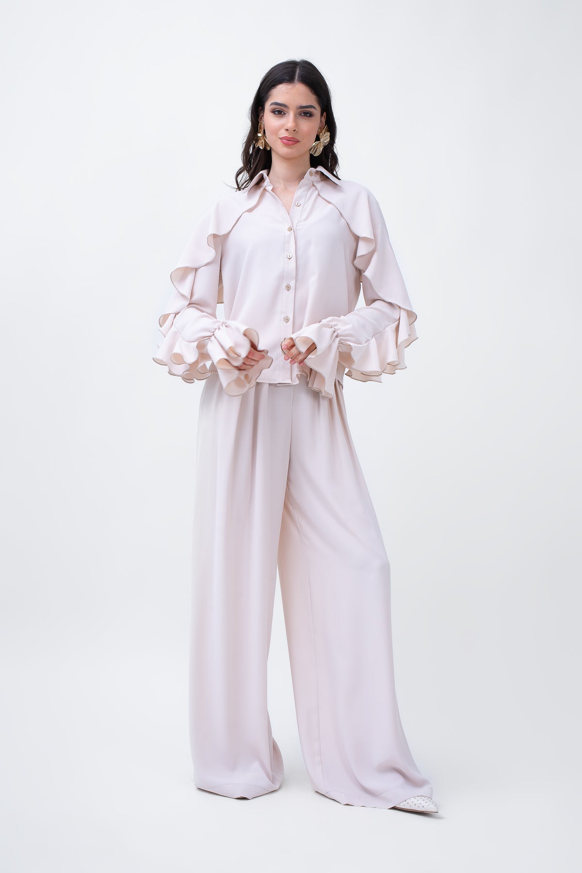 Beige Set With Ruffled Shirt And Wide Leg Trousers