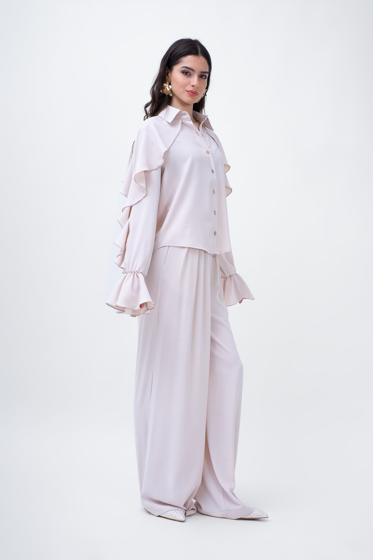 Beige Set With Ruffled Shirt And Wide Leg Trousers