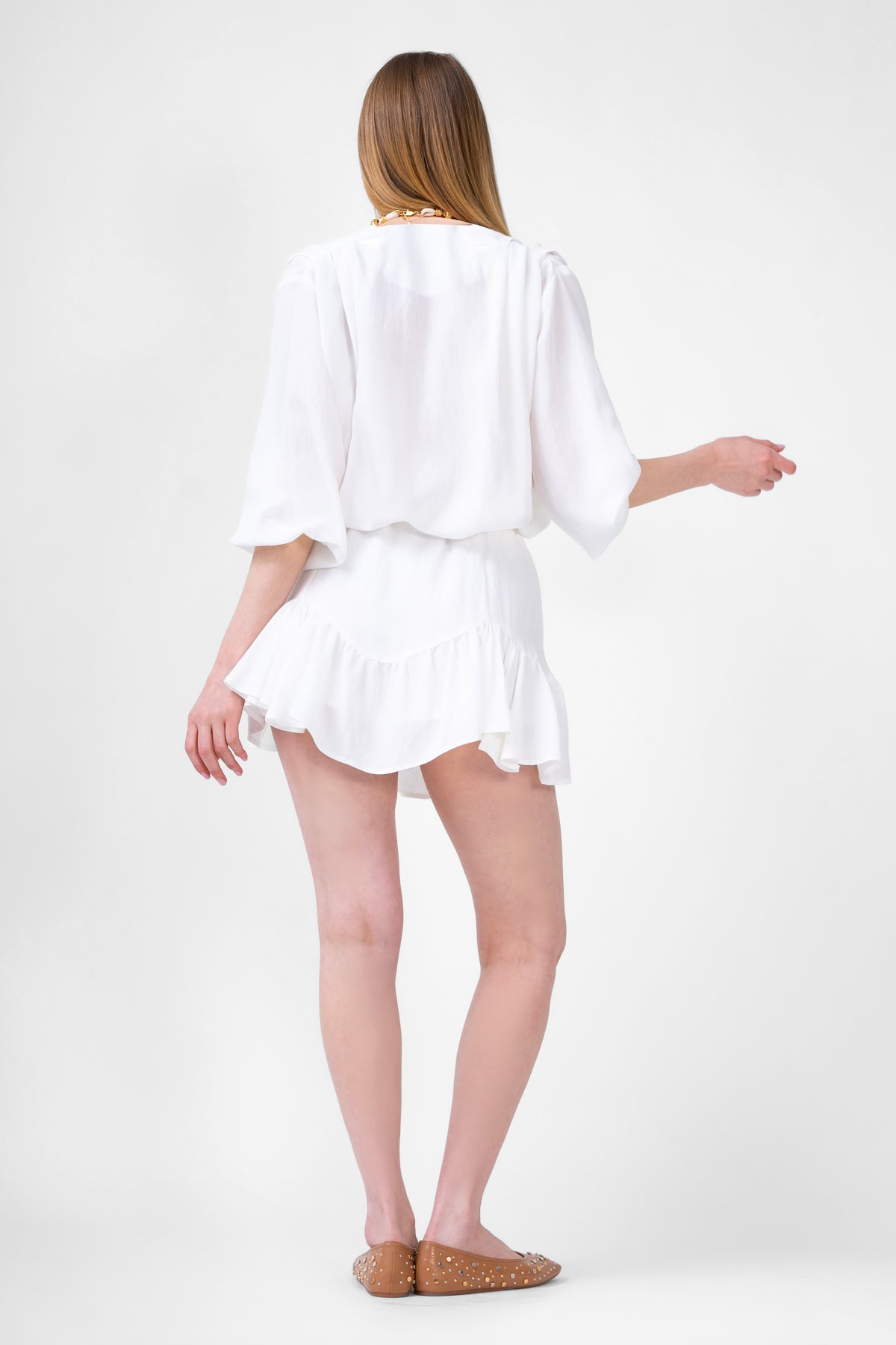 White Matching Set With Draped Blouse And Skort