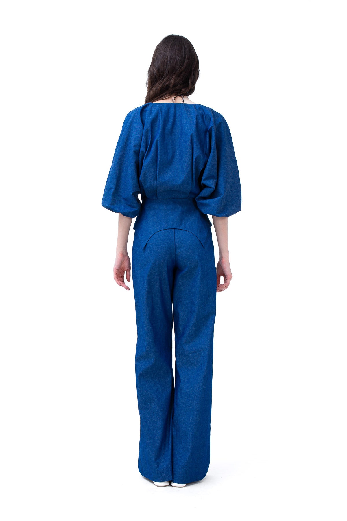 Denim Set With Blouse With Puffed Sleeves And Straight Trousers