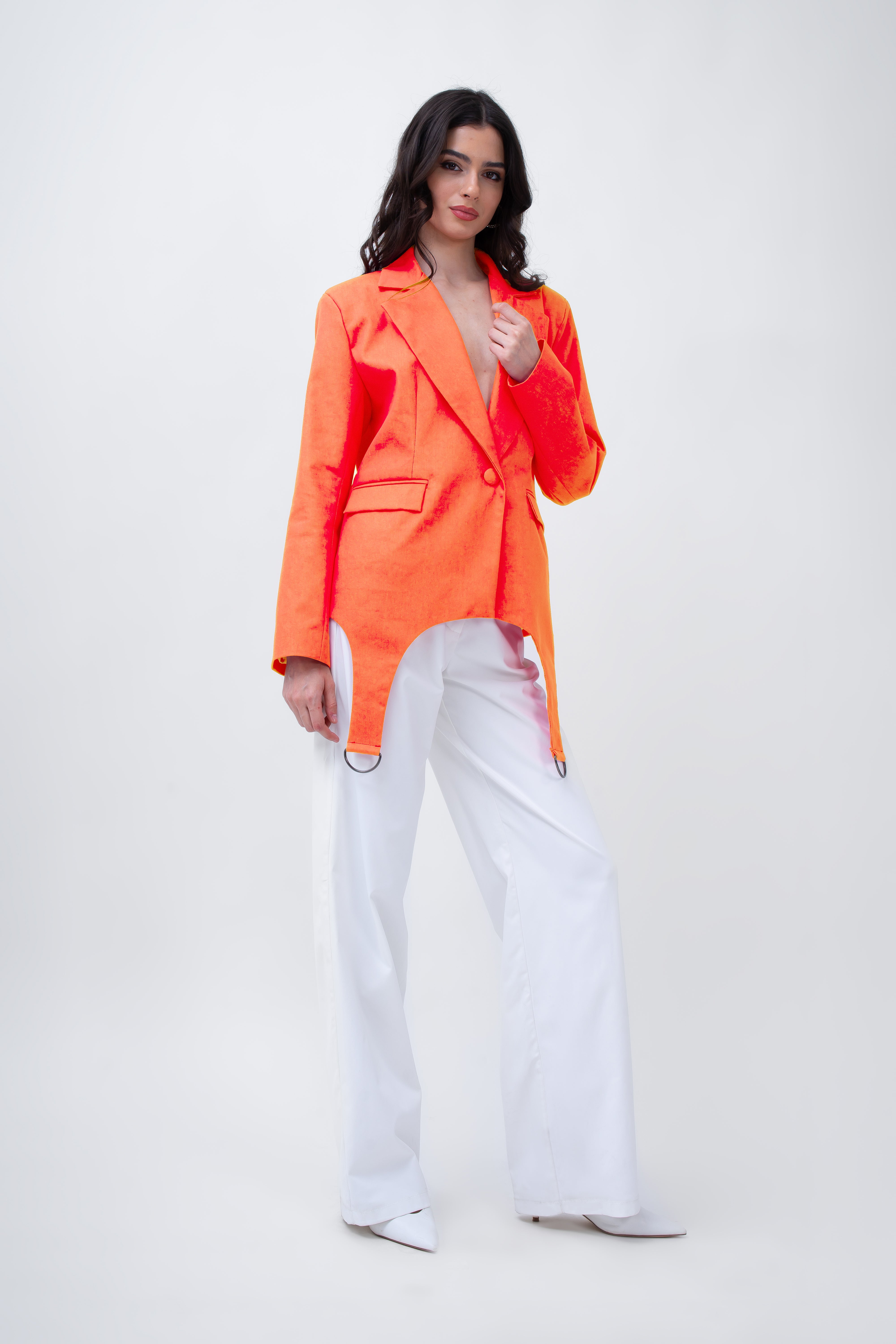 Orange Denim Blazer With Decorative Rings