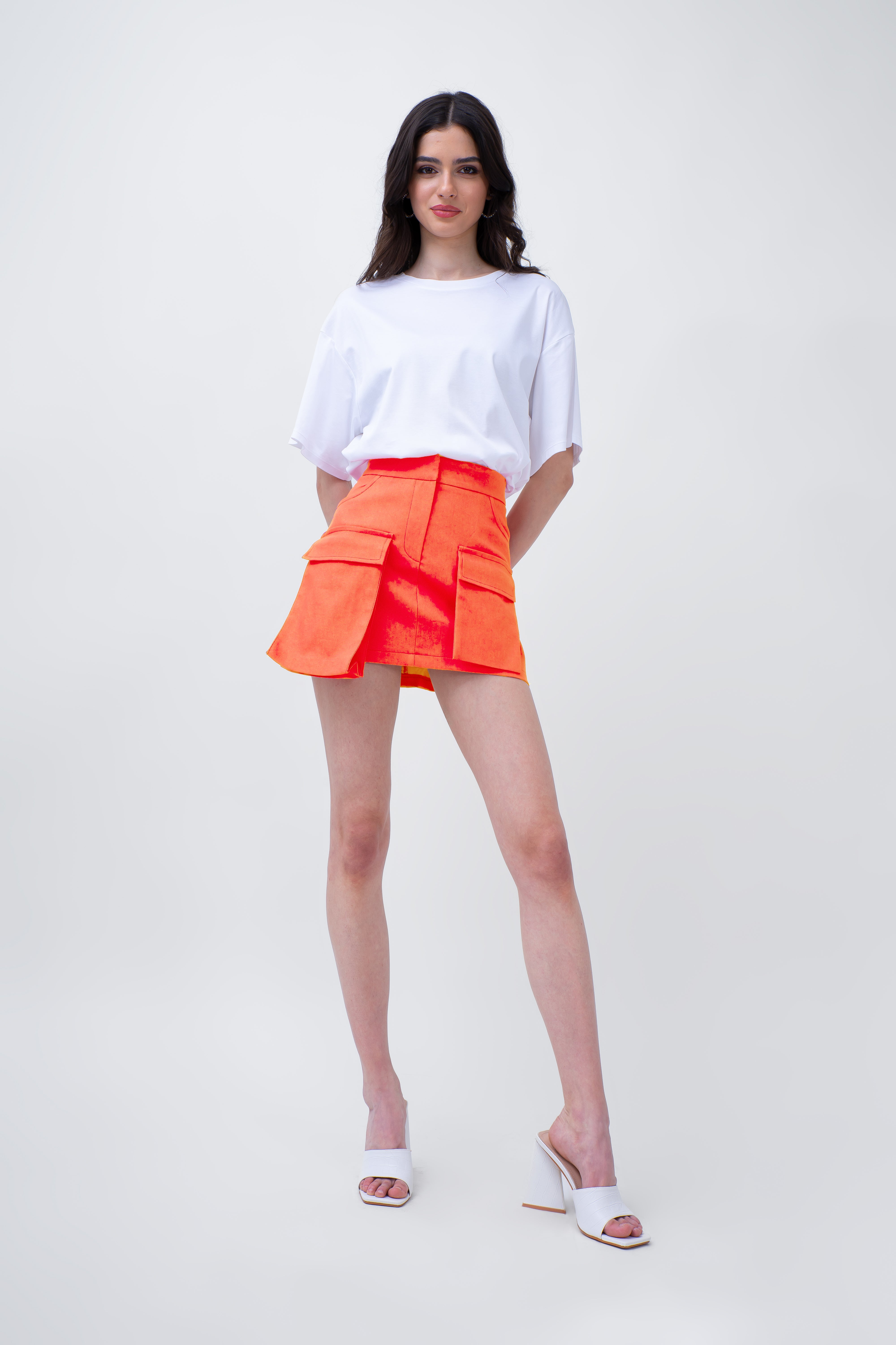Orange Denim Mini Skirt With Pockets