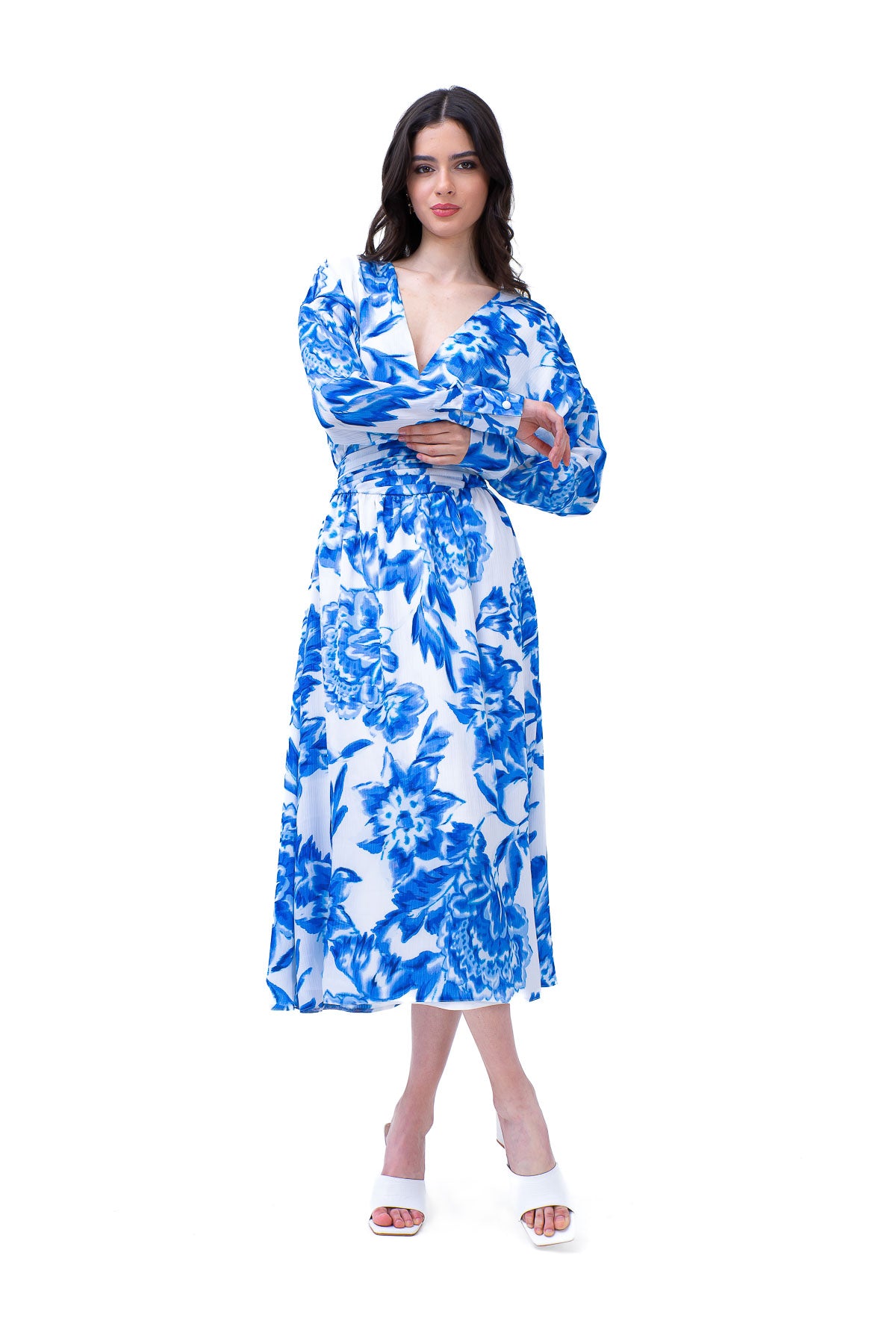 Blue Printed Midi Dress With Corset