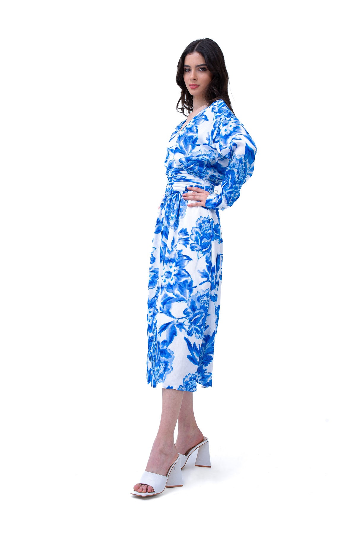 Blue Printed Midi Dress With Corset