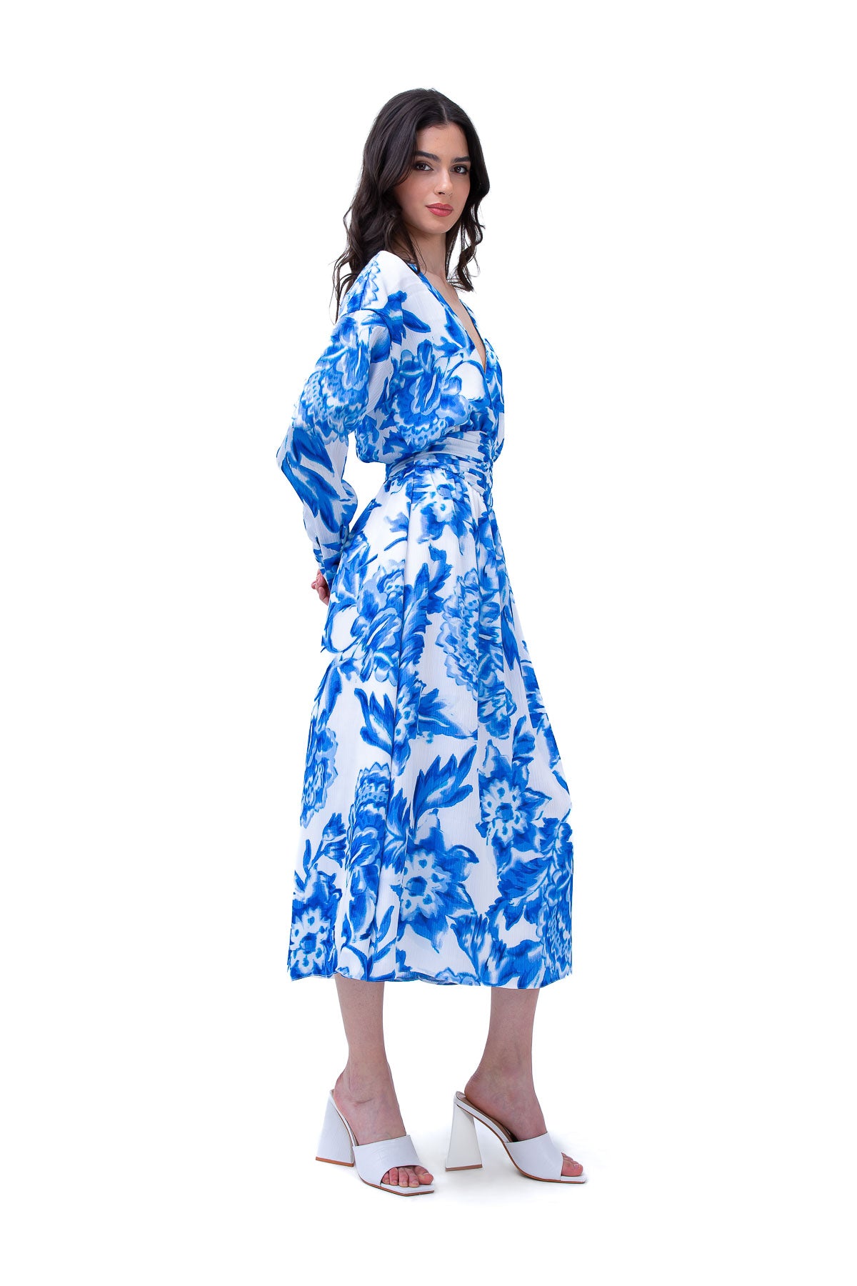 Blue Printed Midi Dress With Corset