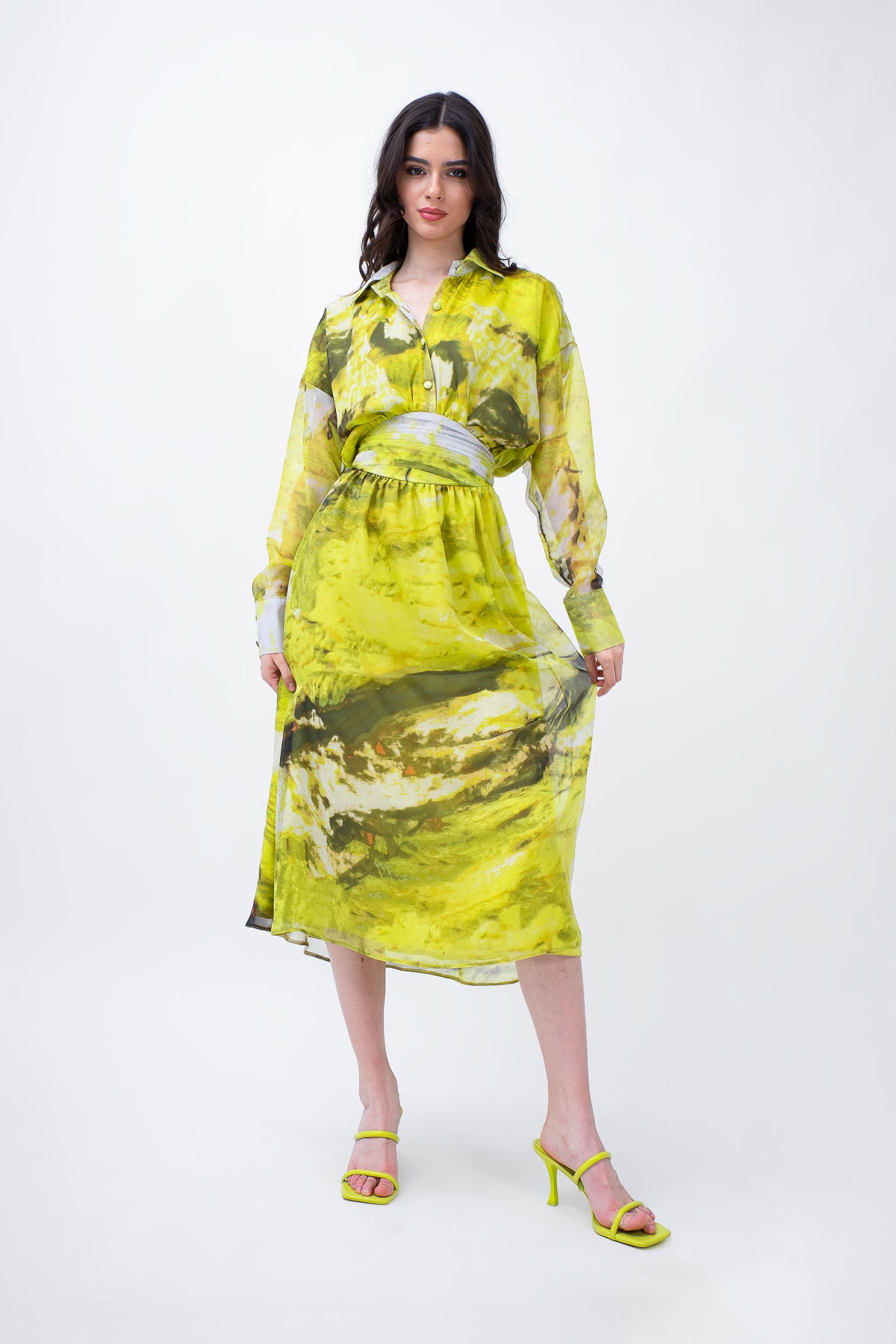 Yellow Printed Midi Dress With Corset