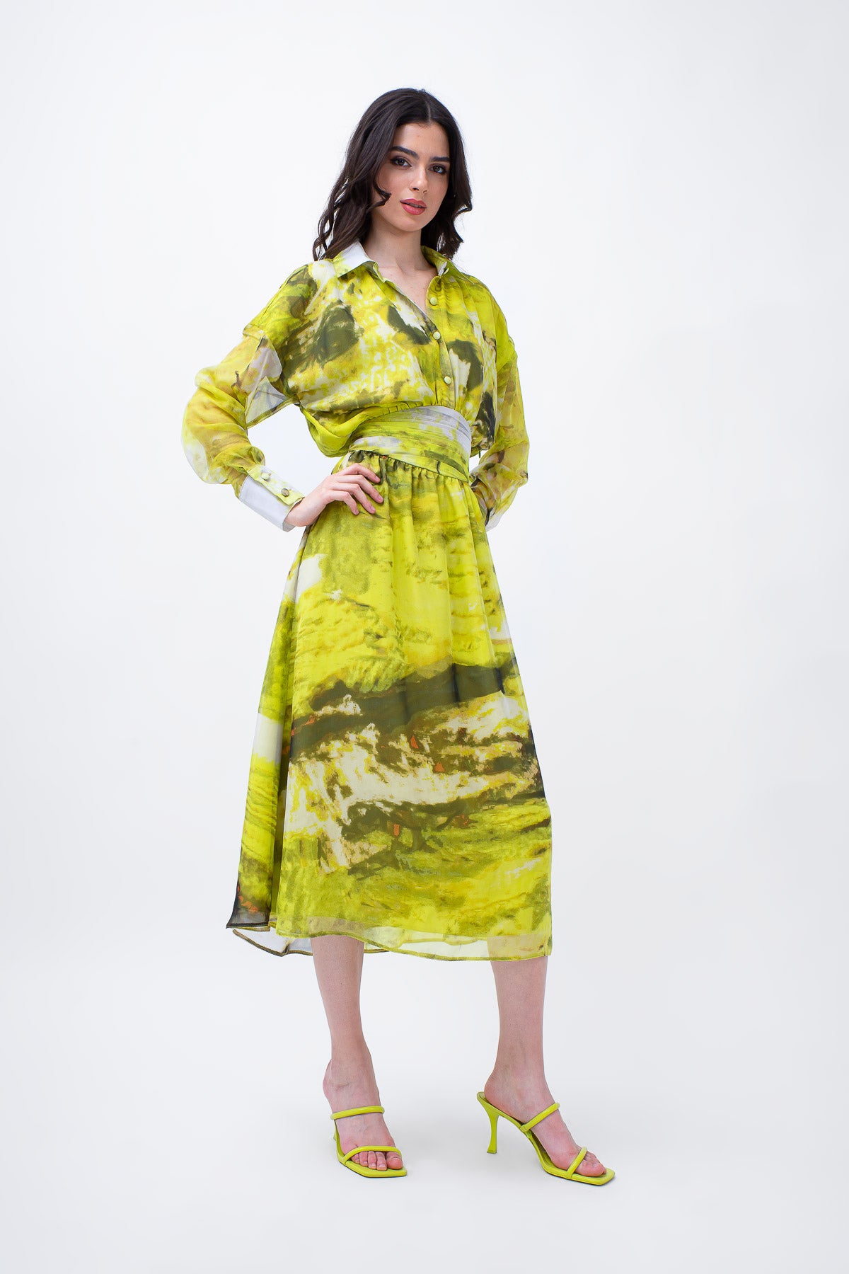 Yellow Printed Midi Dress With Corset