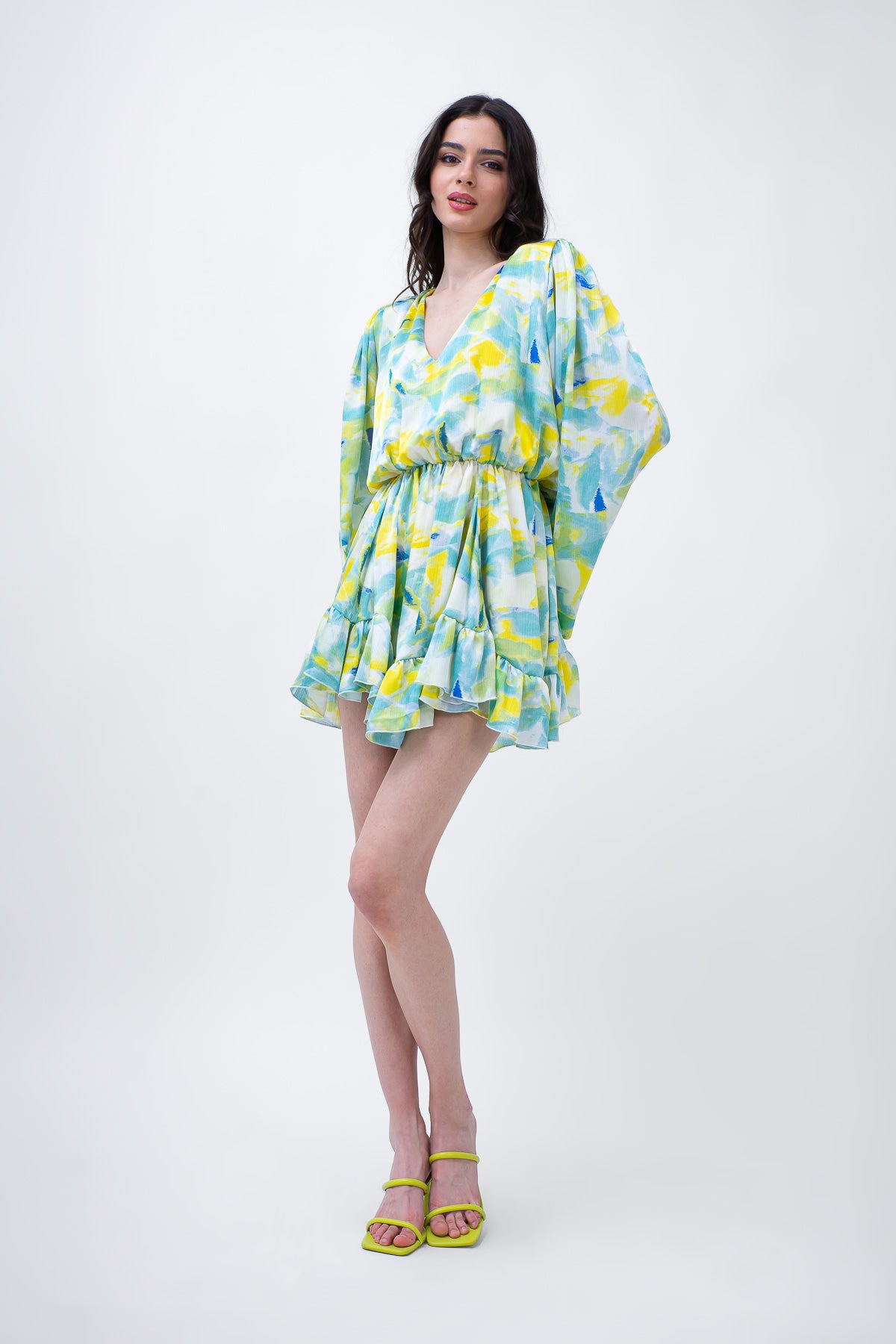Green Printed Mini Dress With Flared Sleeves