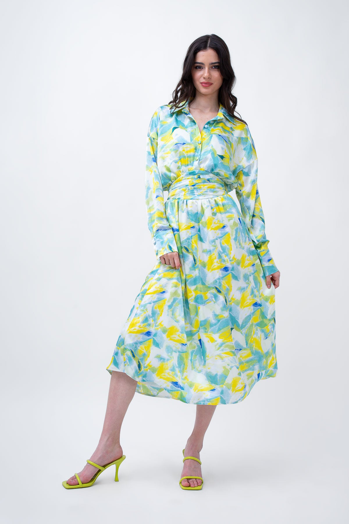 Green Printed Midi Dress With Corset