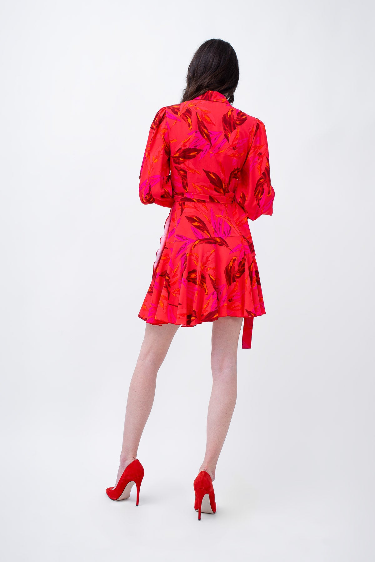 Red Printed Mini Dress With Lapels