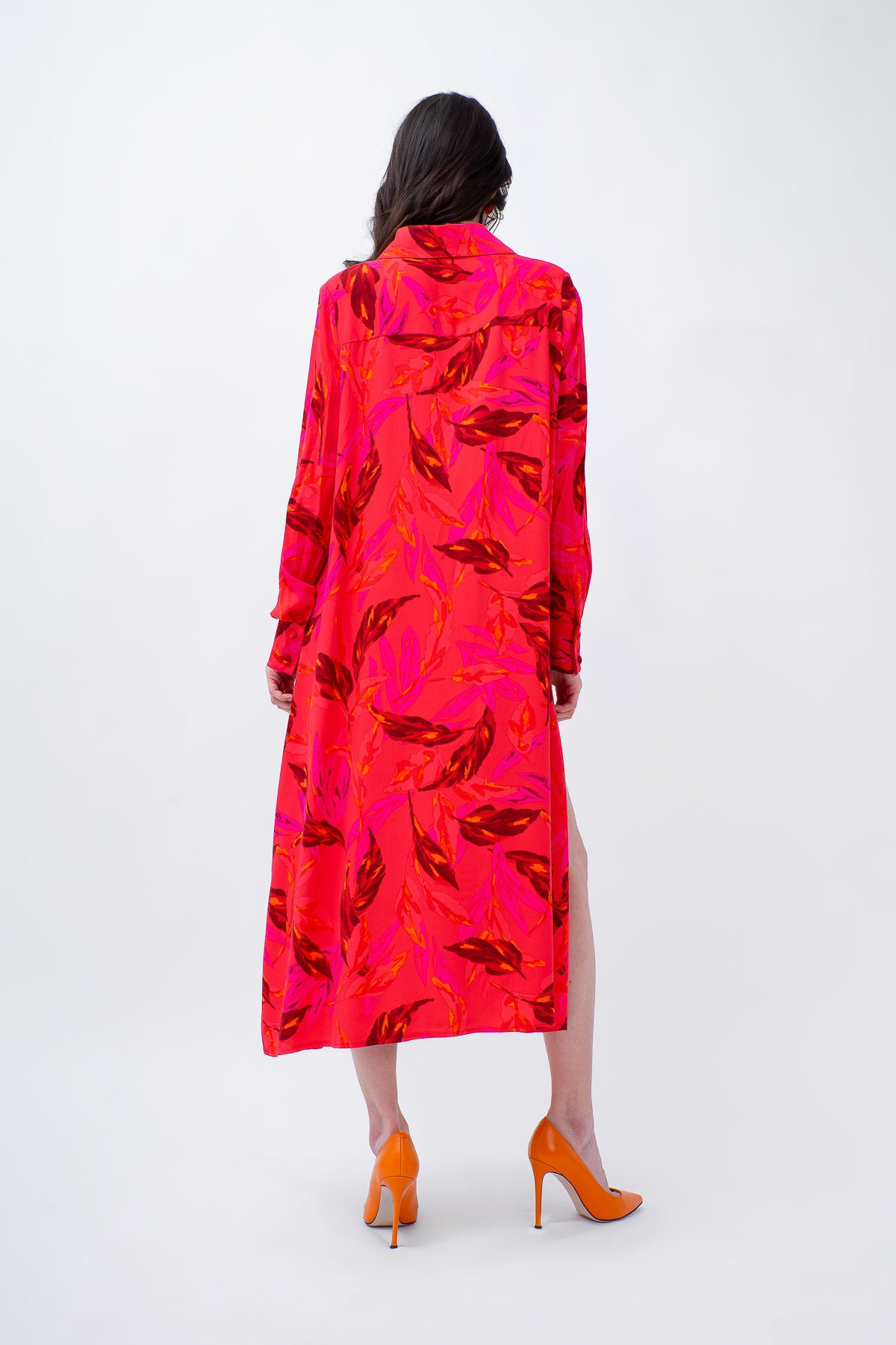Red Printed Midi Dress With Side Slit