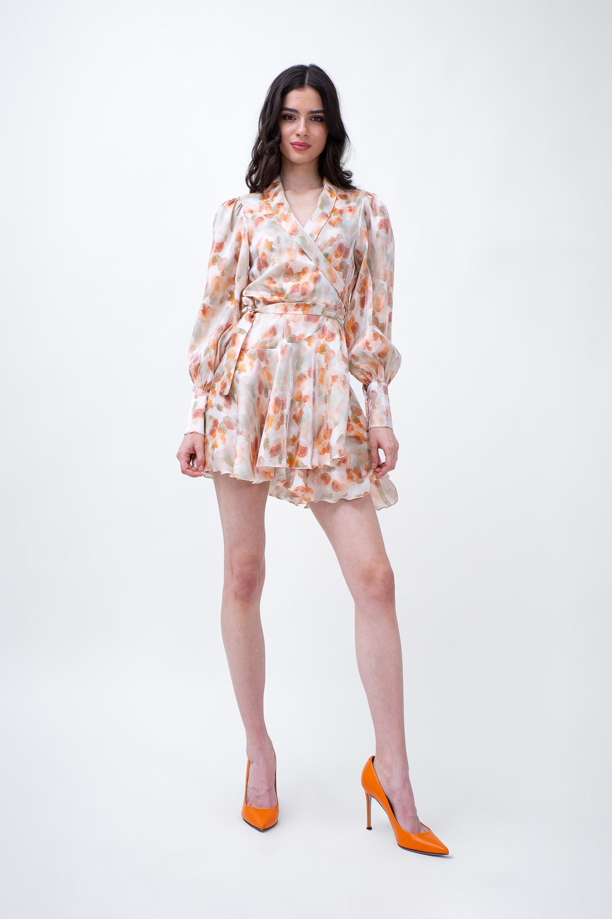 Rochie mini din print portocaliu cu revere