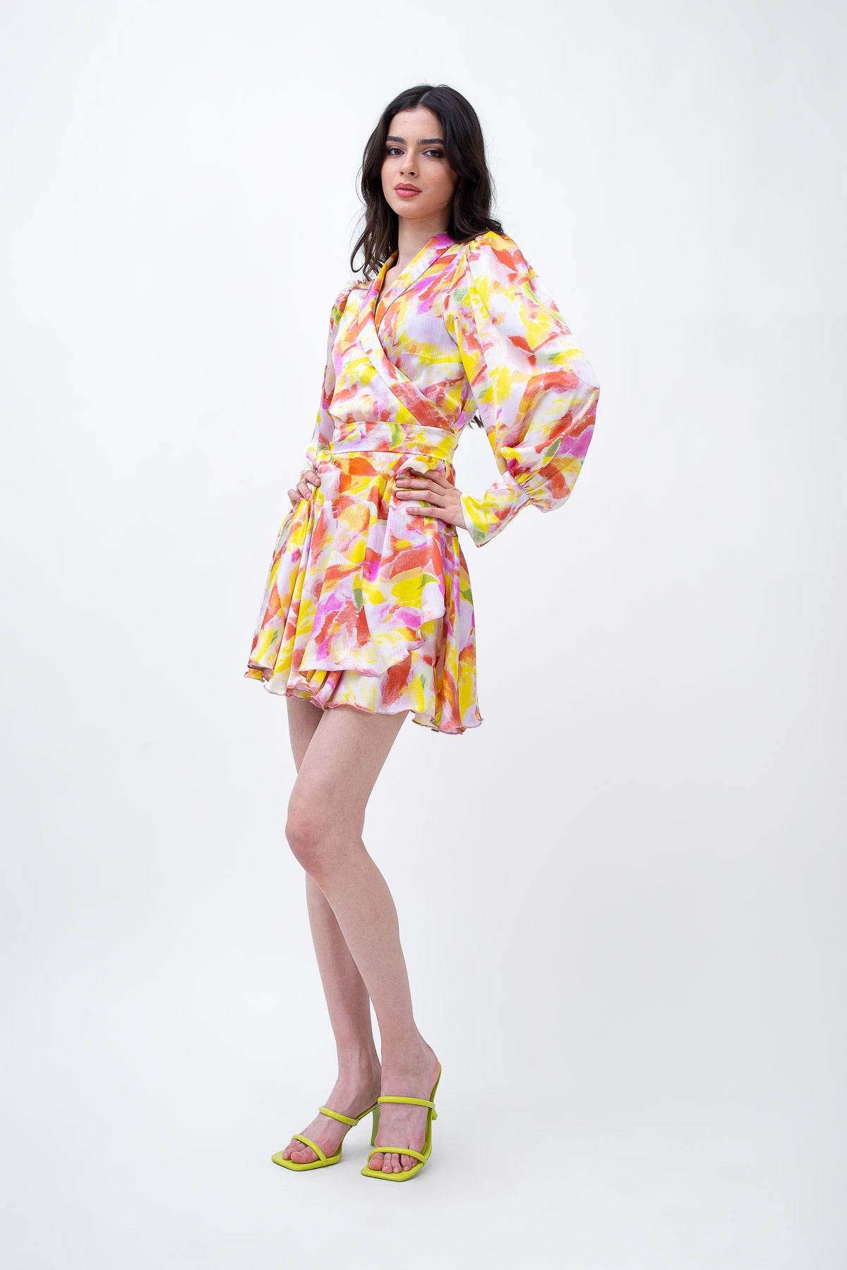 Multicolour print mini dress with lapels