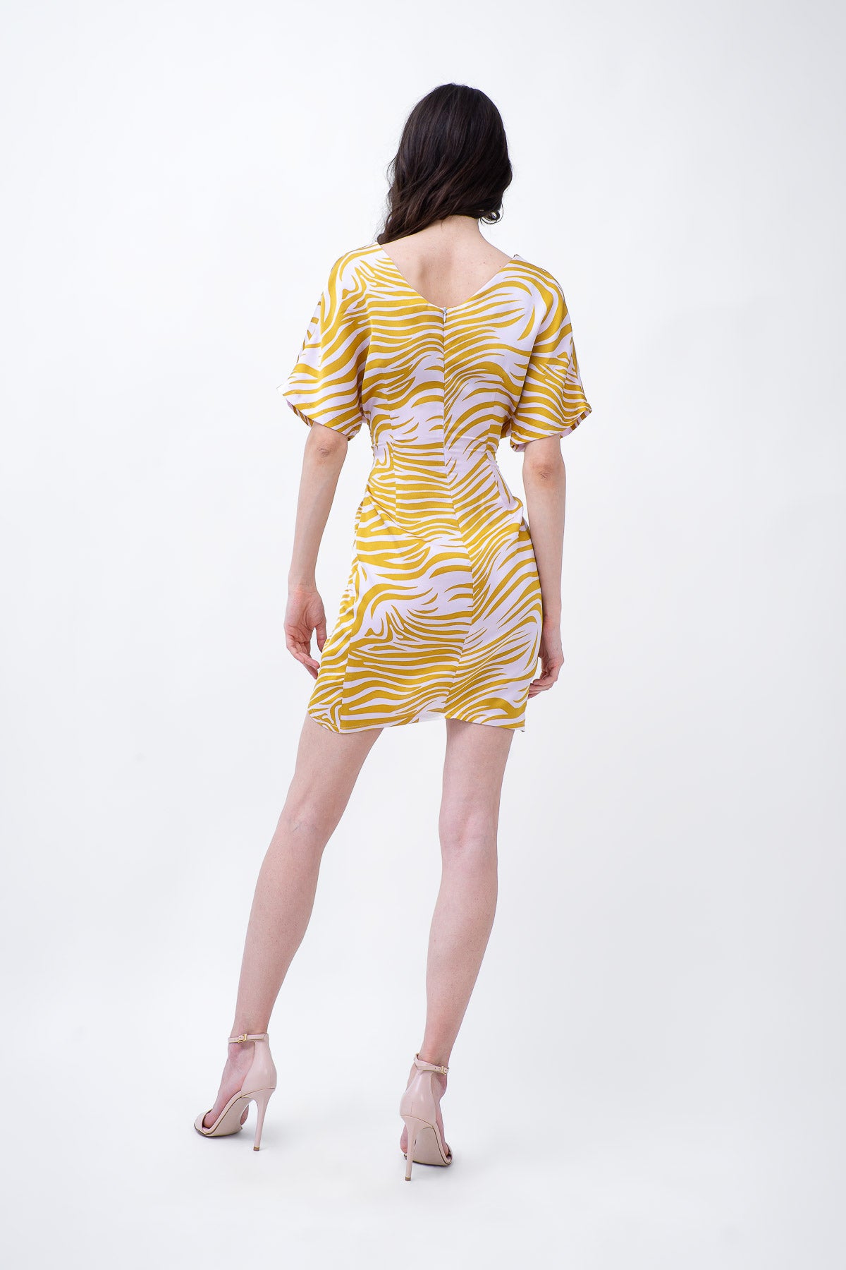 Yellow Printed Mini Dress With Pleats And V-neck