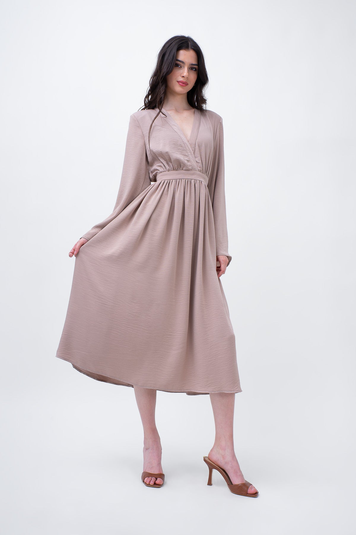 Beige Midi Dress With Flared Sleeves