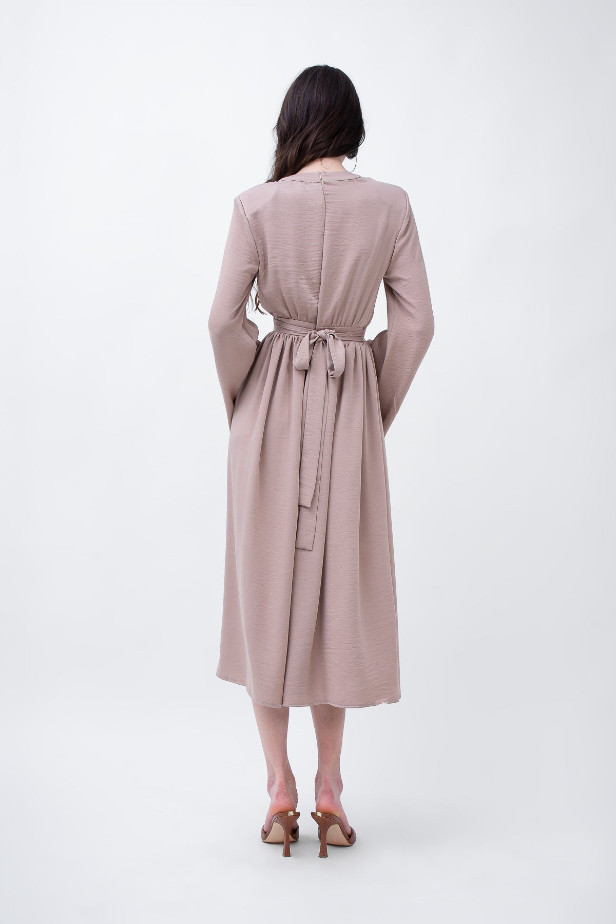 Beige Midi Dress With Flared Sleeves