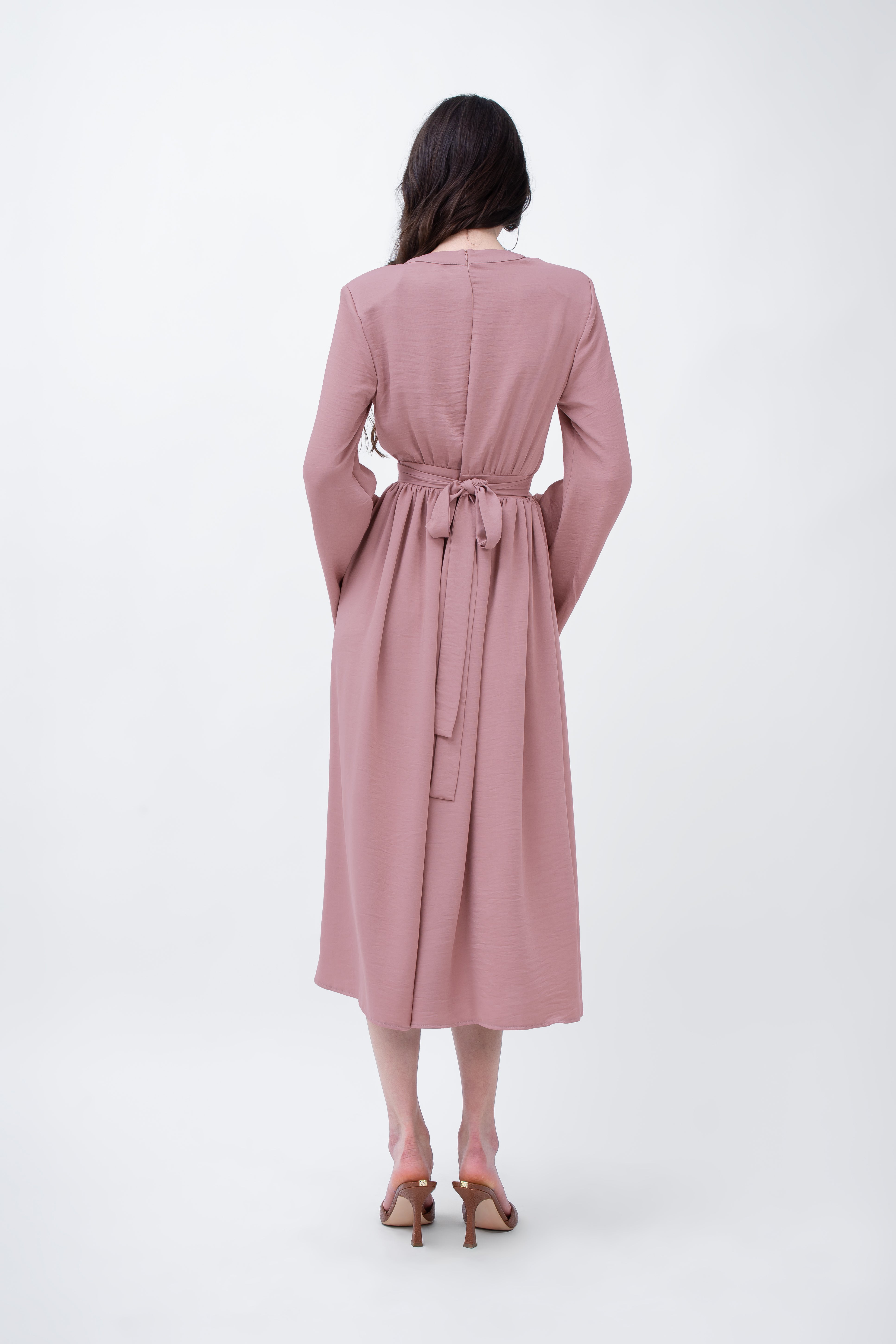 Powder Pink Midi Dress With Flared Sleeves
