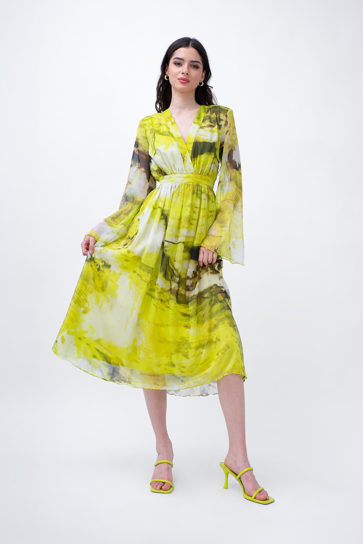 Yellow Printed Midi Dress With Flared Sleeves