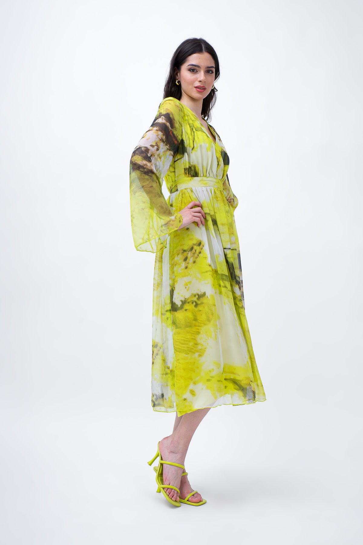Yellow Printed Midi Dress With Flared Sleeves