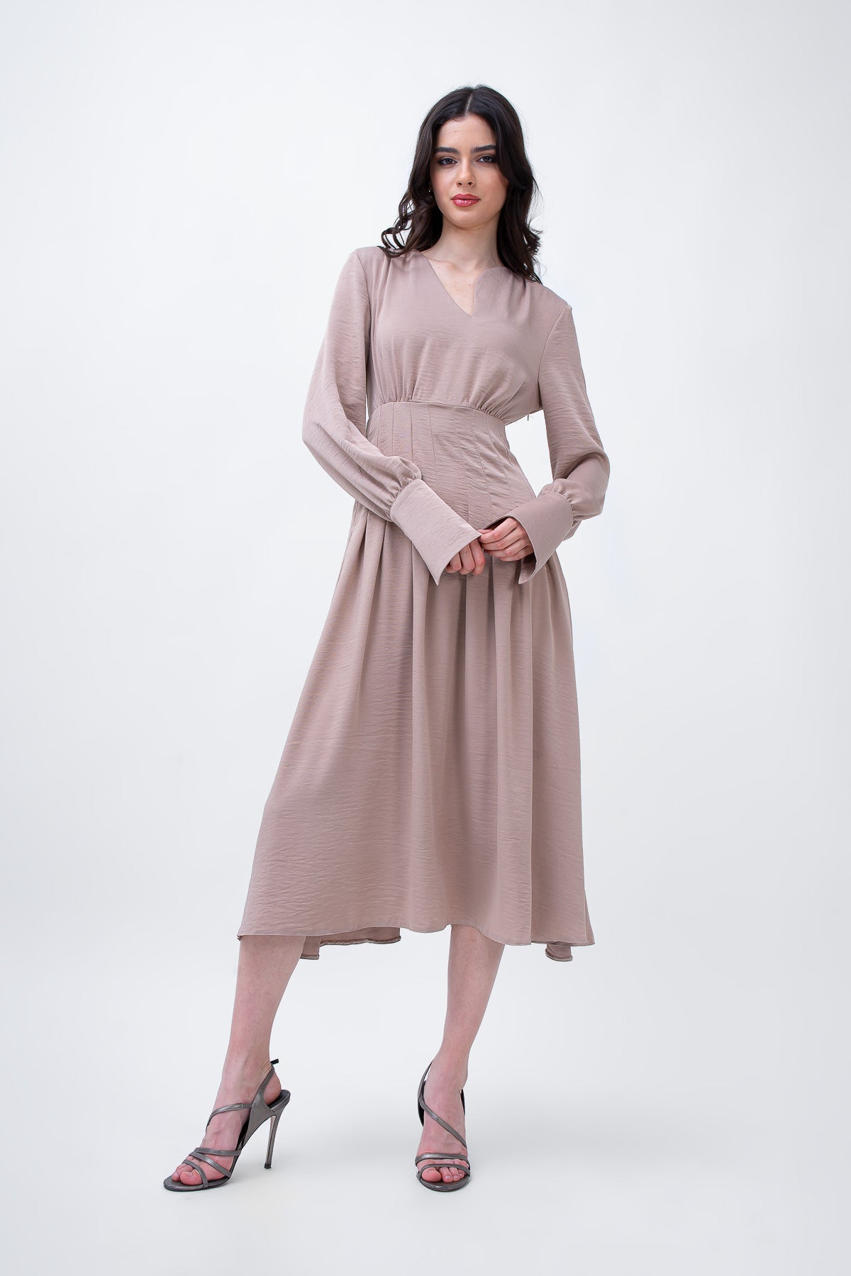 Midi beige dress with pleats and asymmetrical cut neck