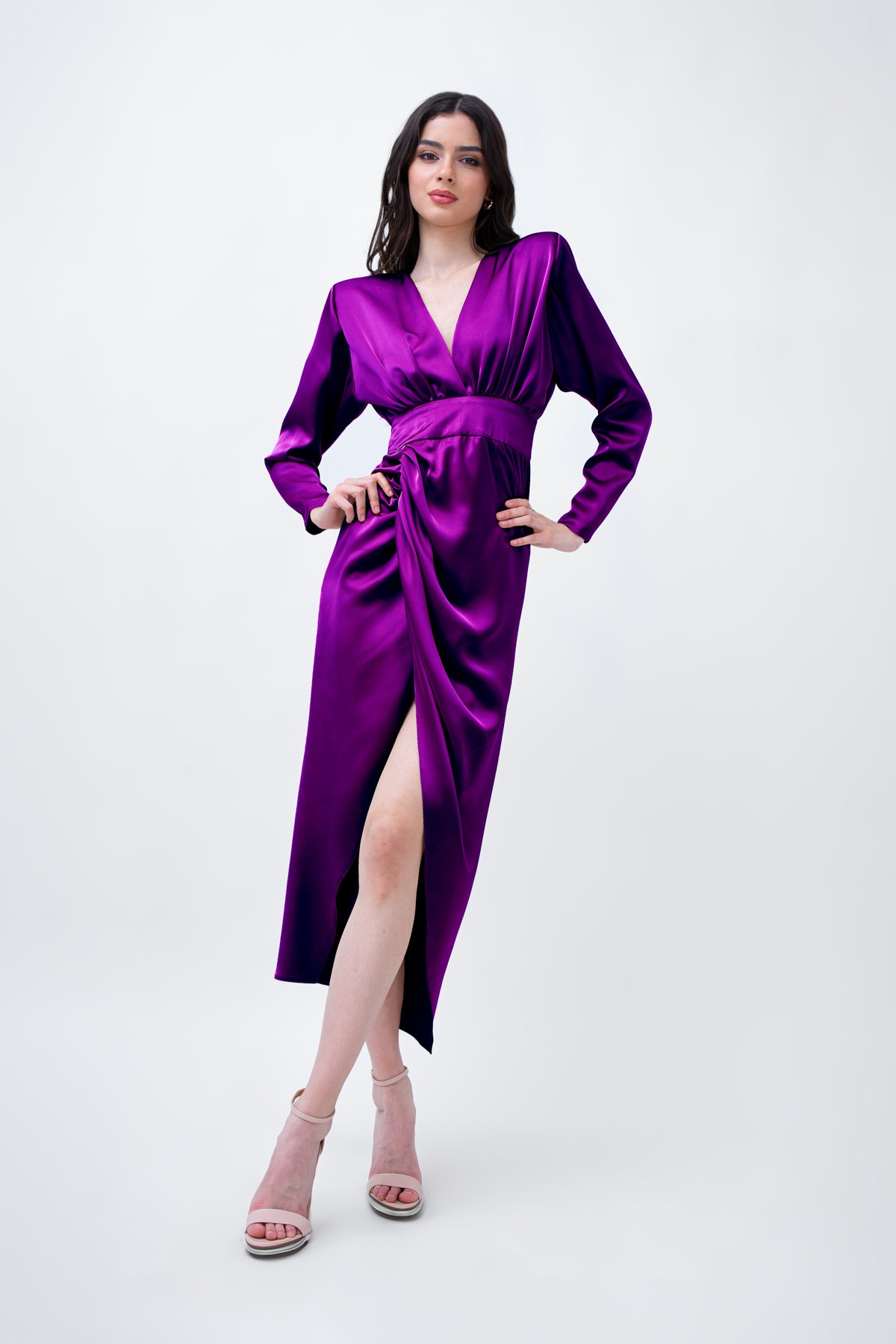 Purple Satin Midi Dress With Draping