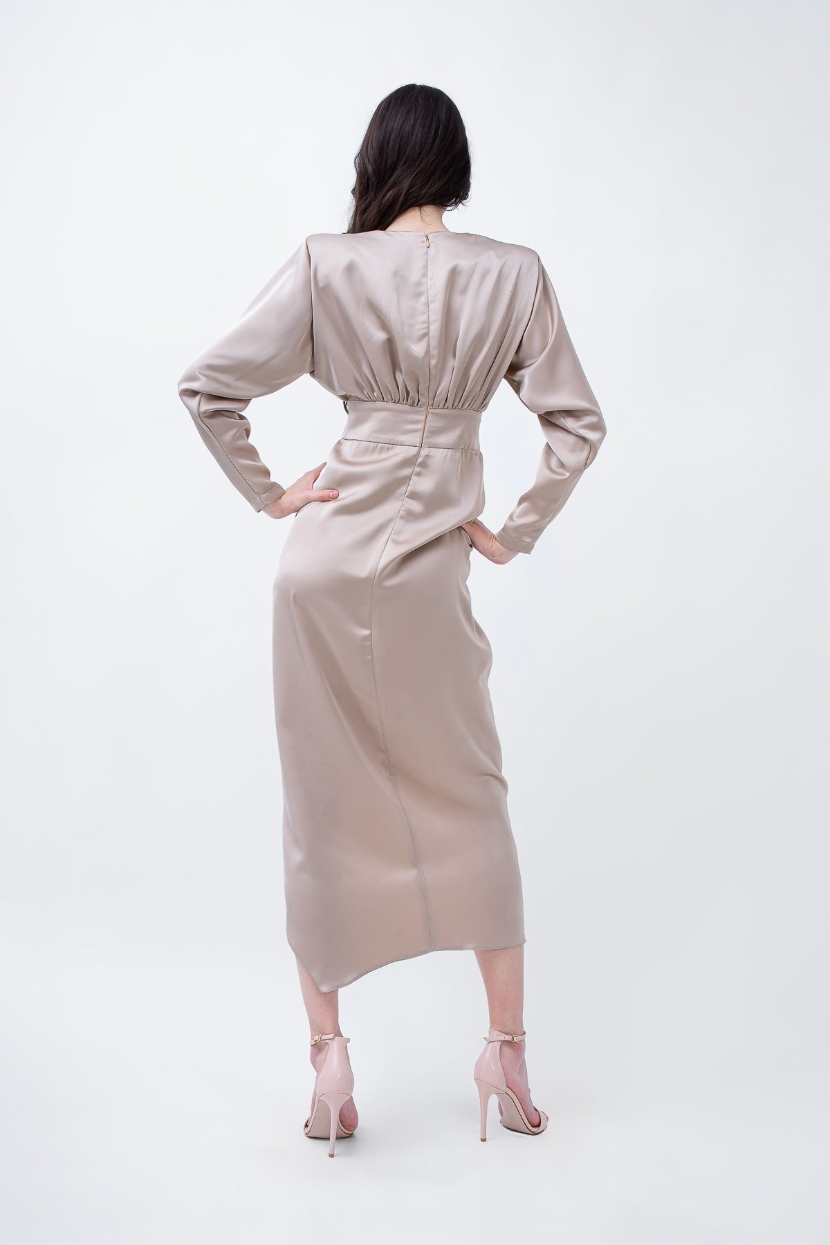 Beige Satin Midi Dress With Draping