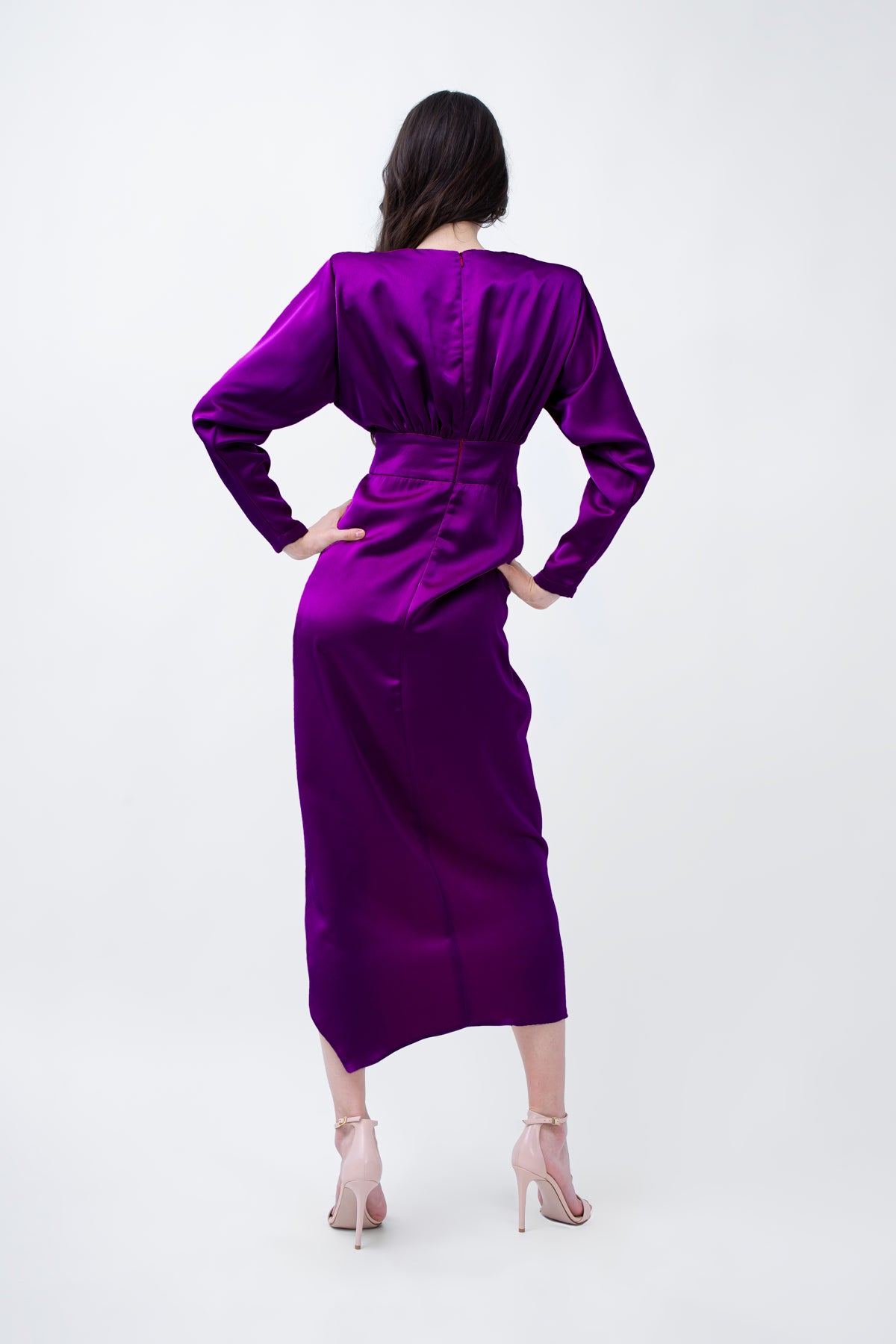 Purple Satin Midi Dress With Draping