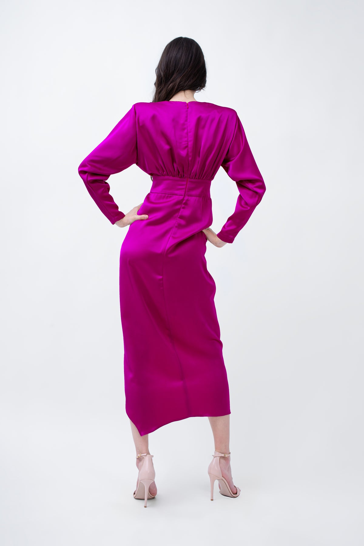 Fuchsia Satin Midi Dress With Draping