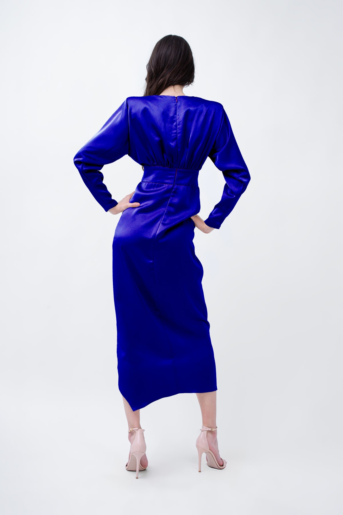 Blue Satin Midi Dress With Draping