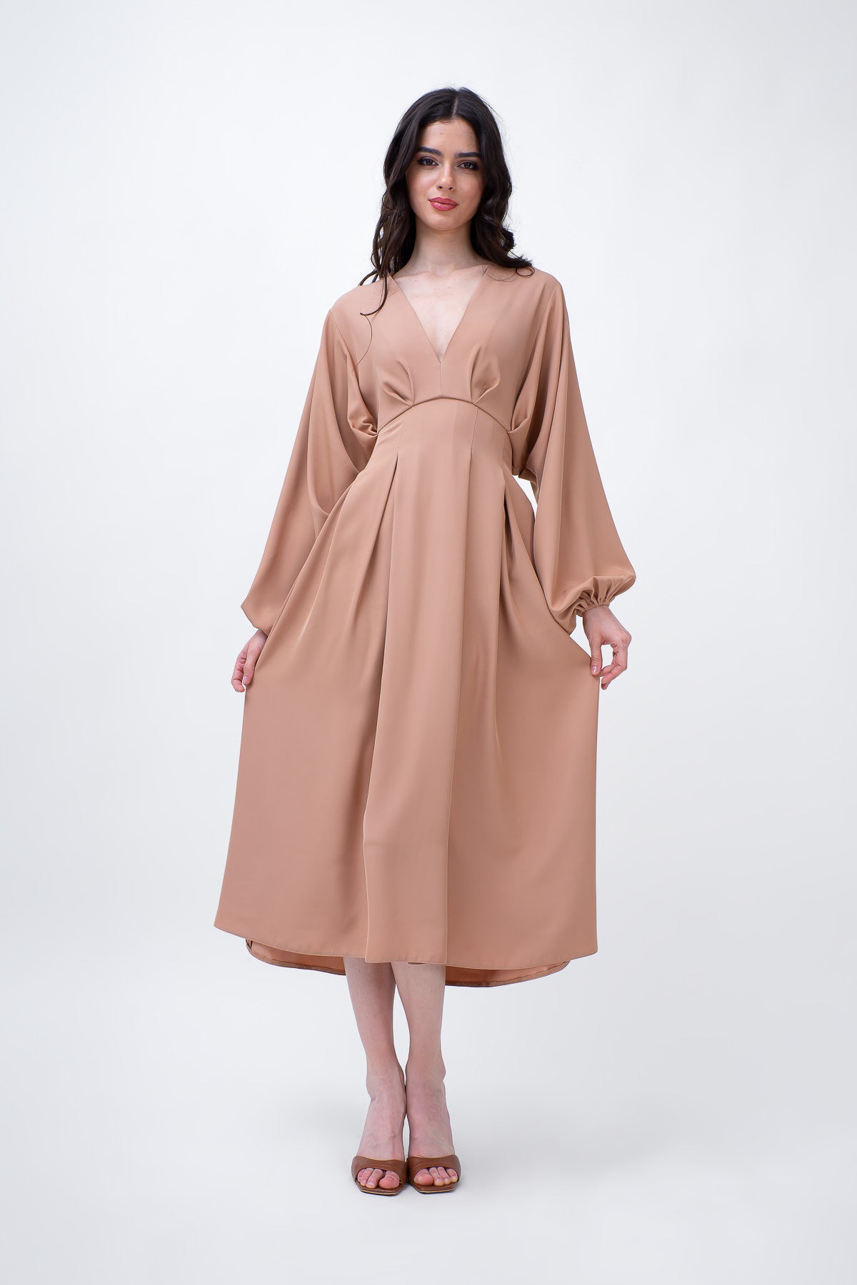 Beige Midi Dress With Balloon Sleeves And V-neck