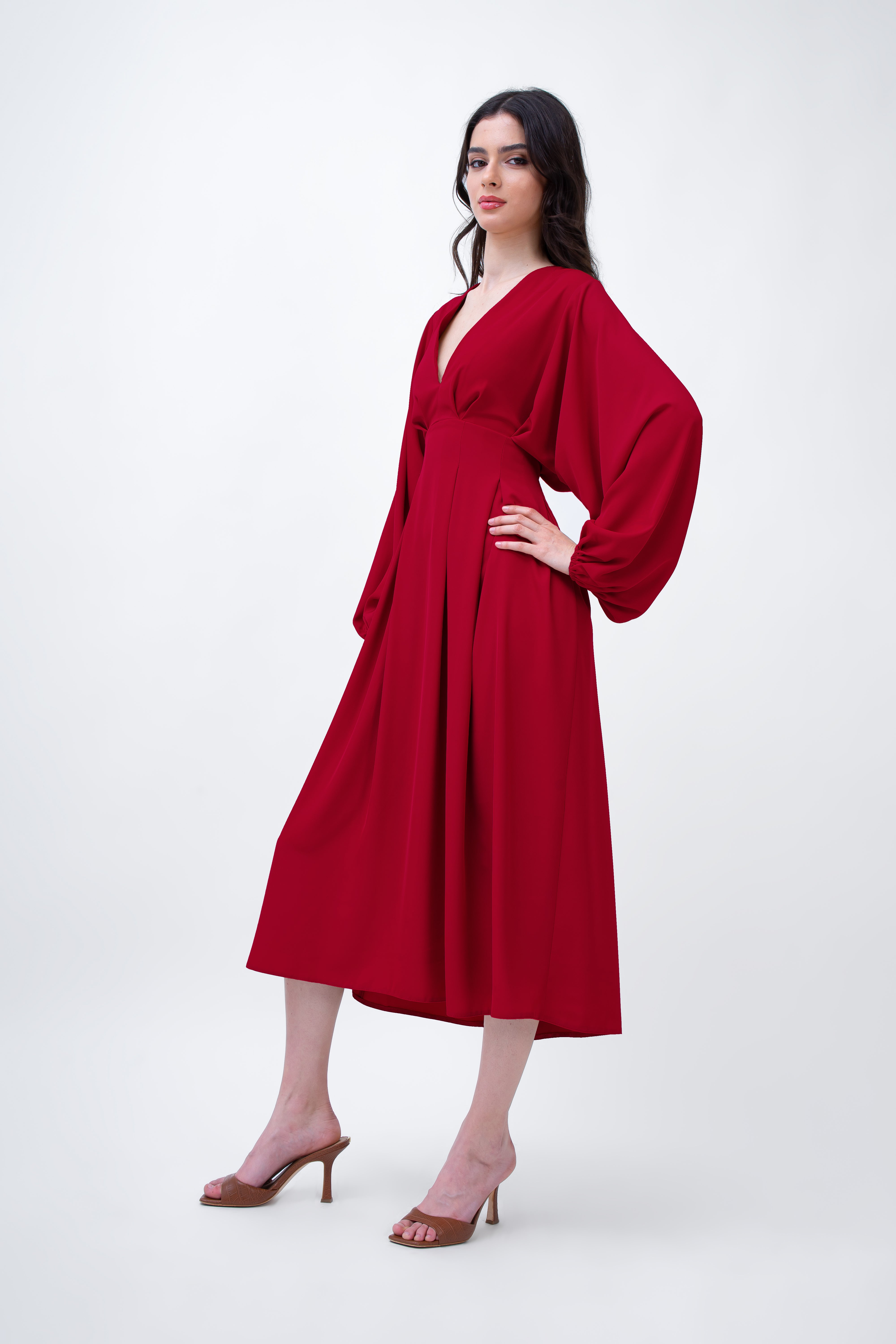 Red Midi Dress With Balloon Sleeves And V-neck