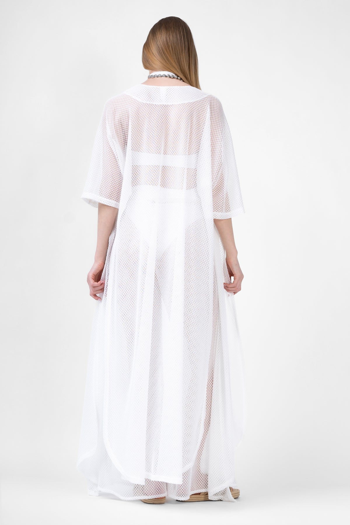 Set alb de plaja cu kimono si pantaloni lungi