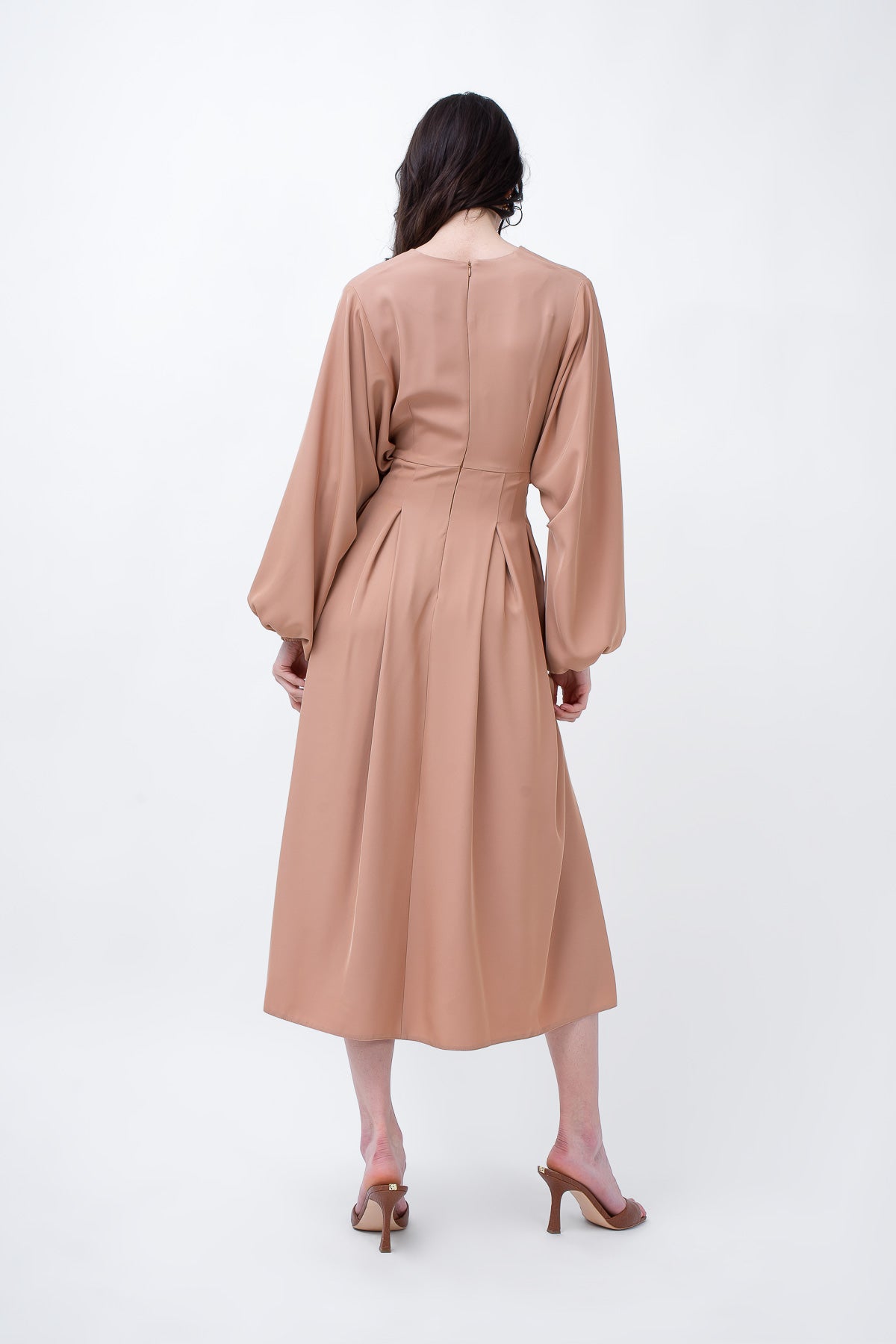 Beige Midi Dress With Balloon Sleeves And V-neck