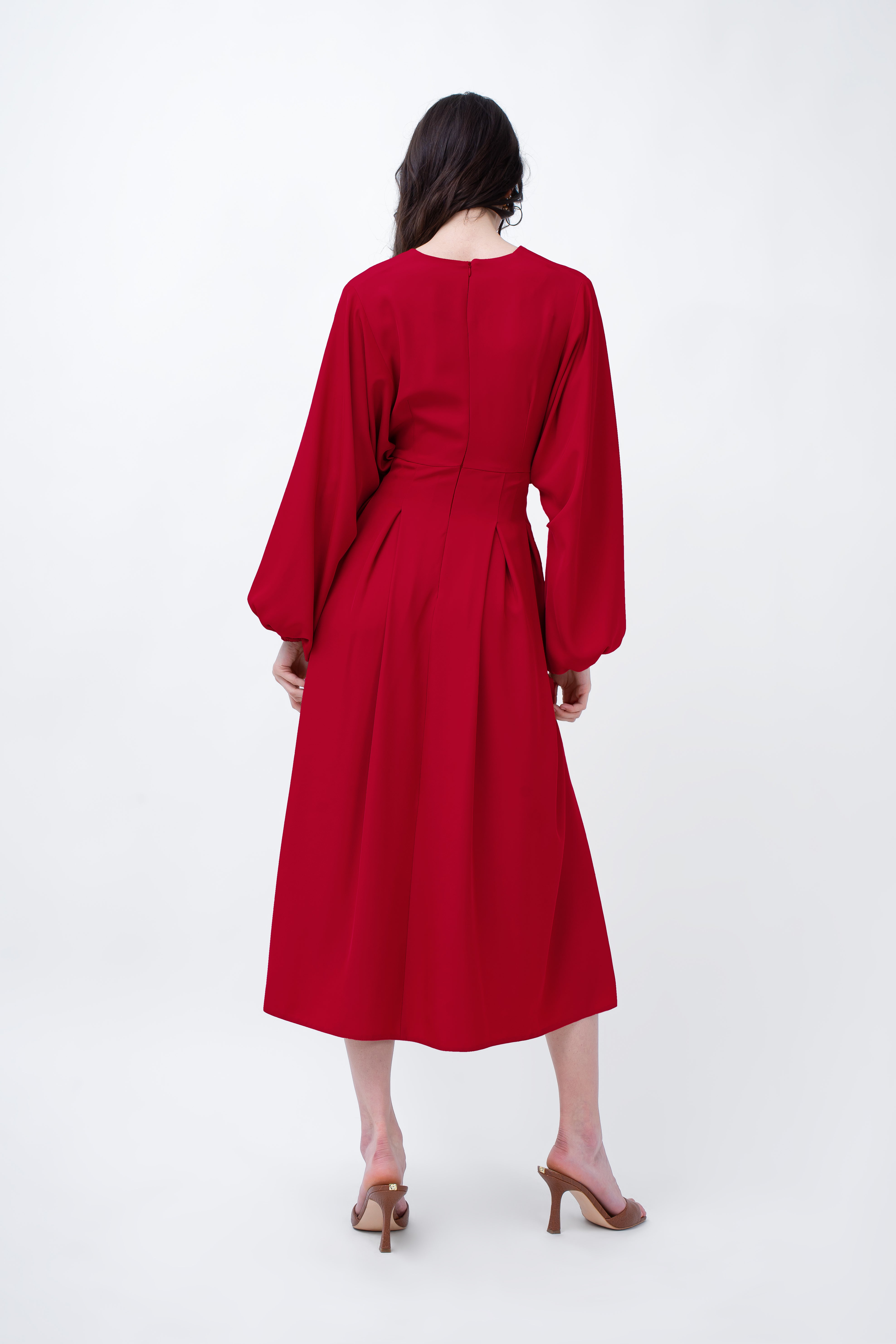 Red Midi Dress With Balloon Sleeves And V-neck