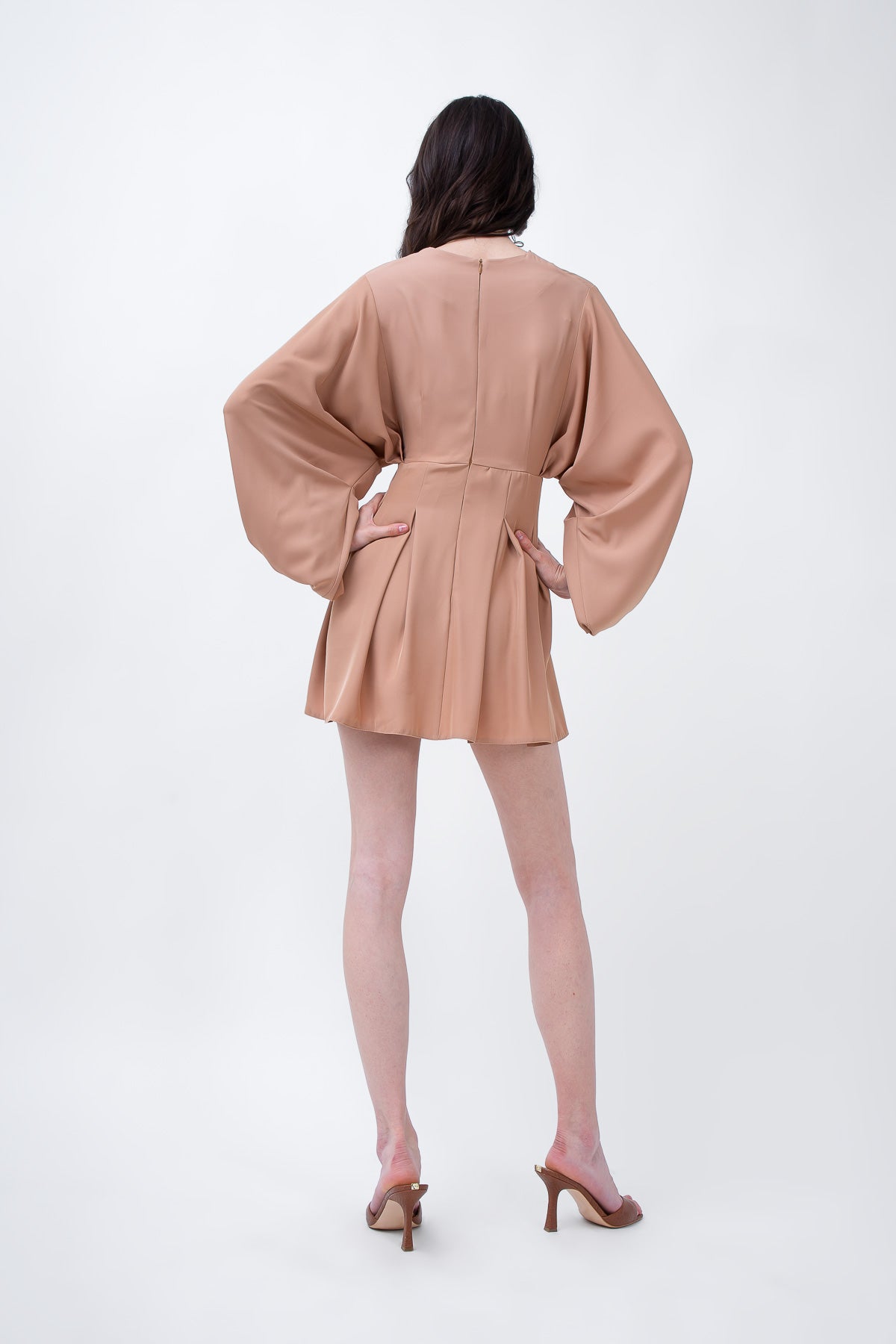 Beige Mini Dress With Balloon Sleeves And V-neck